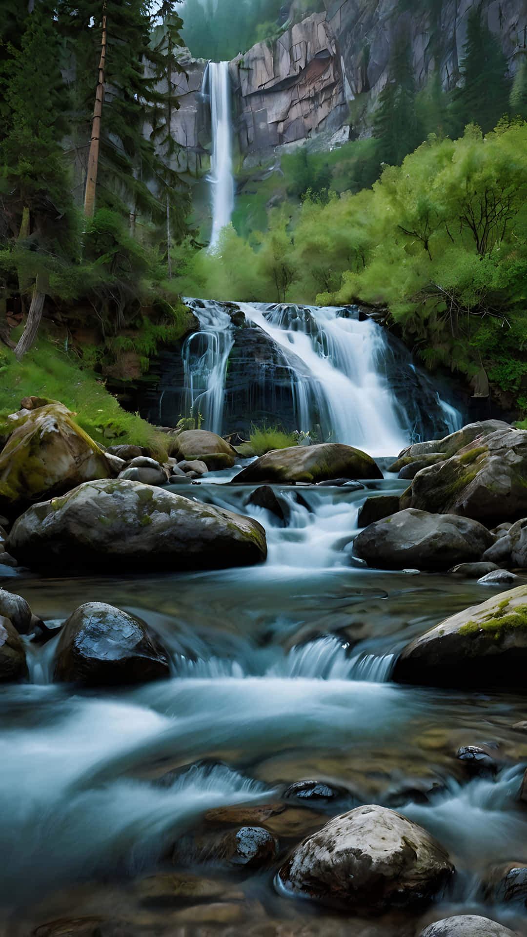 The Whispering Waterfall – A Nature's Tale. smartphone wallpaper 壁紙 — 一道寧靜的瀑布沿著長滿苔蘚的岩石傾瀉而下，穿過茂密的綠色森林，薄霧從溪流中升起。
