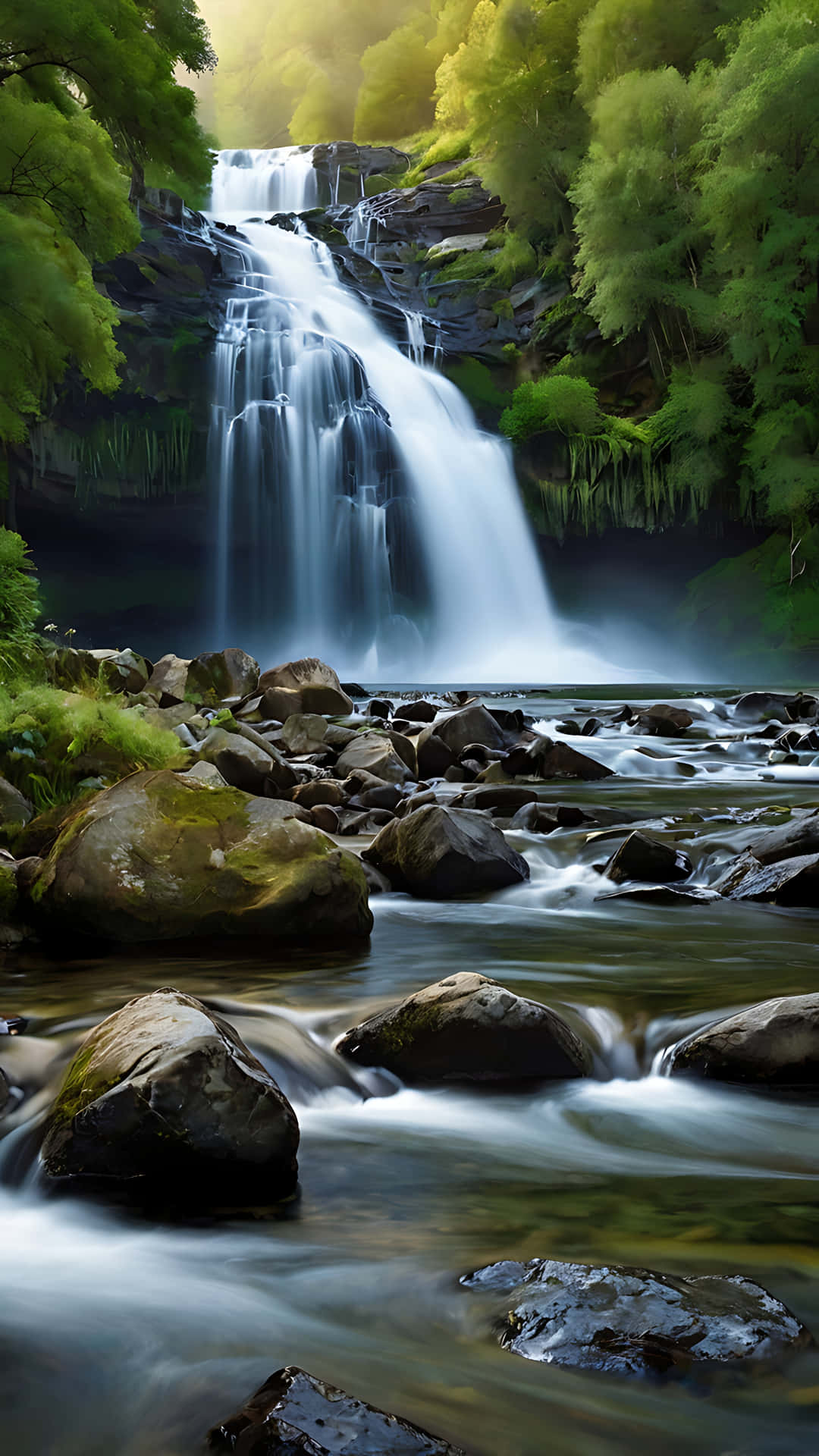 Picturesque Waterfall and River Symphony. smartphone wallpaper 壁紙 — 一道寧靜的瀑布流過長滿苔蘚的岩石，落入被茂密綠色森林環繞的霧氣池中。