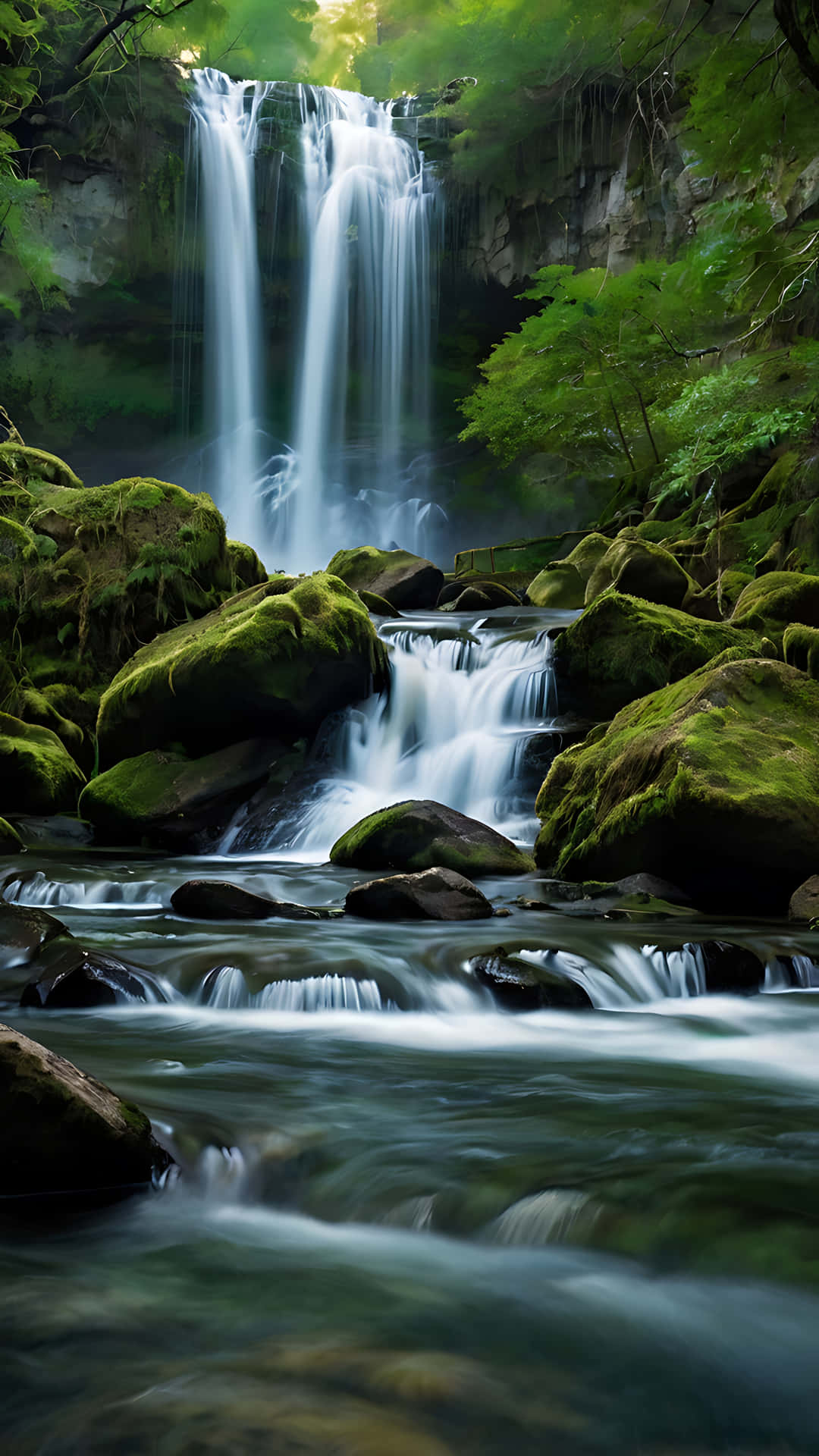 The Eternal Flow – A Waterfall’s Grace. smartphone wallpaper 壁紙 — 一道寧靜的瀑布流過長滿苔蘚的岩石，周圍是茂密的綠色森林，柔和的光線穿過樹冠。