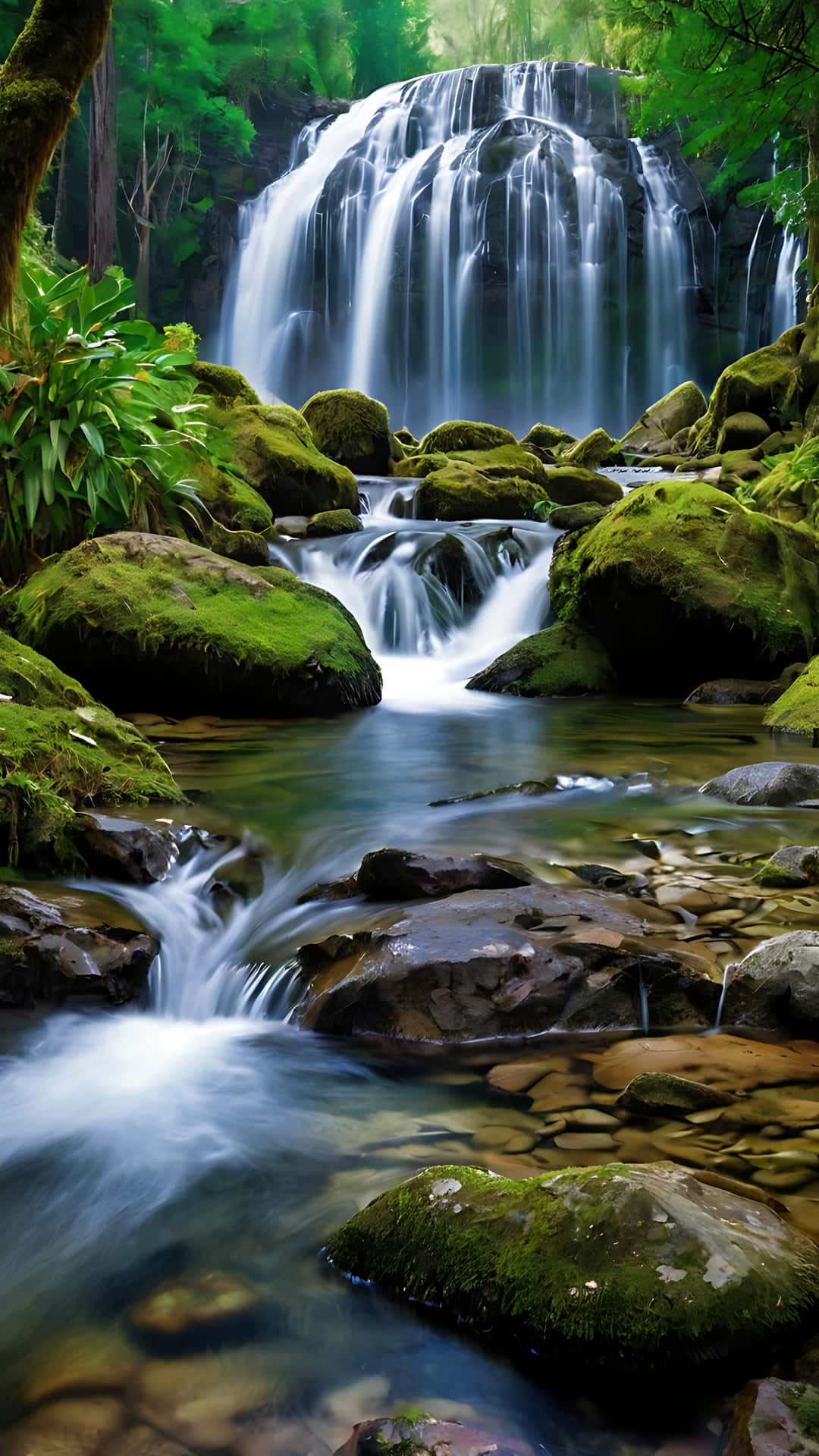 Vibrant Waterfall Haven of Peace and Beauty. smartphone wallpaper 壁紙 — 一道寧靜的瀑布流過長滿苔蘚的岩石，落入被茂密綠色森林環繞的清澈溪流中。