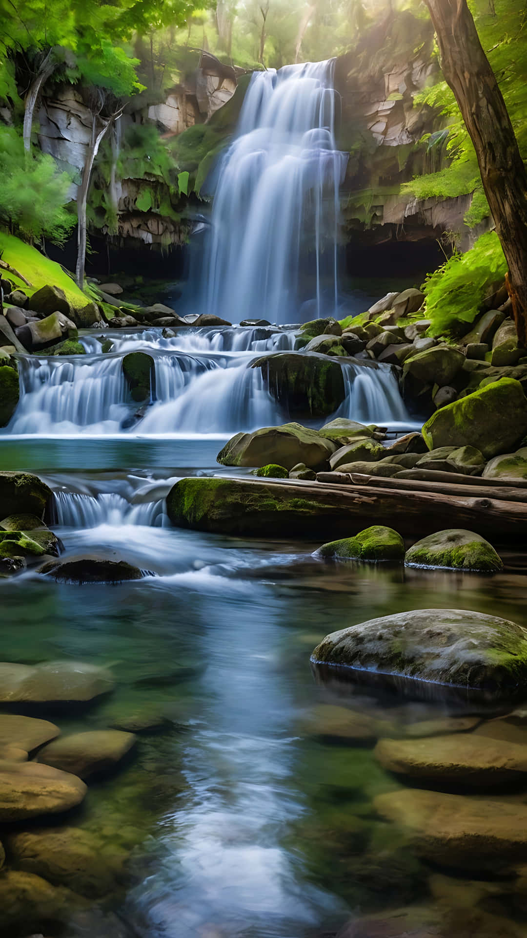 Blissful Waterfall and Lake in Harmony. smartphone wallpaper 壁紙 — 一道寧靜的瀑布流過長滿苔蘚的岩石，落入清澈的水池，四周環繞著茂密的綠色森林。