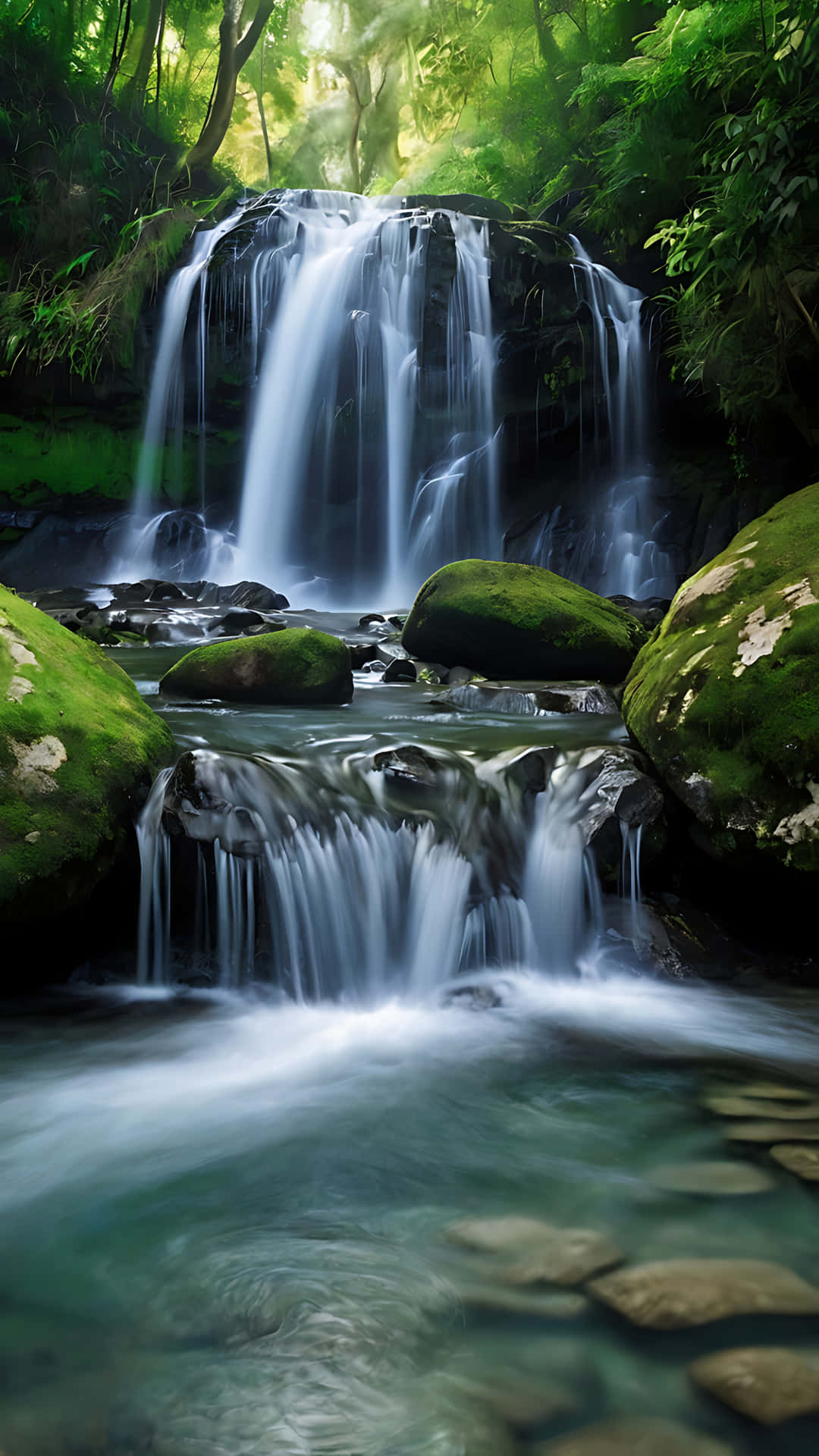 Pristine Waterfall Tranquility in Nature’s Heart. smartphone wallpaper 壁紙 — 一道寧靜的瀑布流過長滿苔蘚的岩石，落入清澈的溪流，四周環繞著茂密的綠色森林。