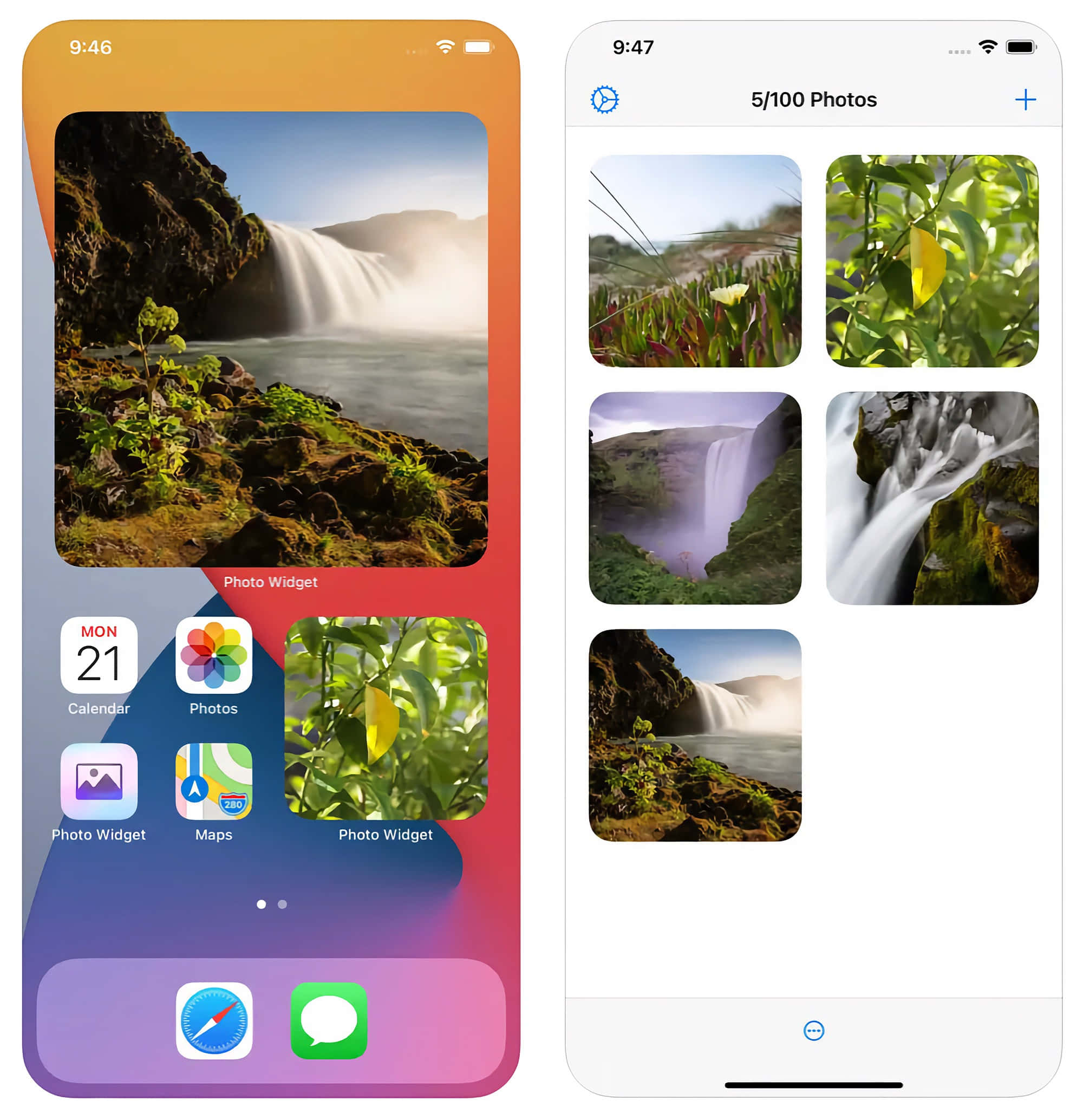iPhone 桌布 壁紙 — 一道寧靜的瀑布流過長滿苔蘚的岩石，前景有一株小植物，沐浴在柔和的晨光中。