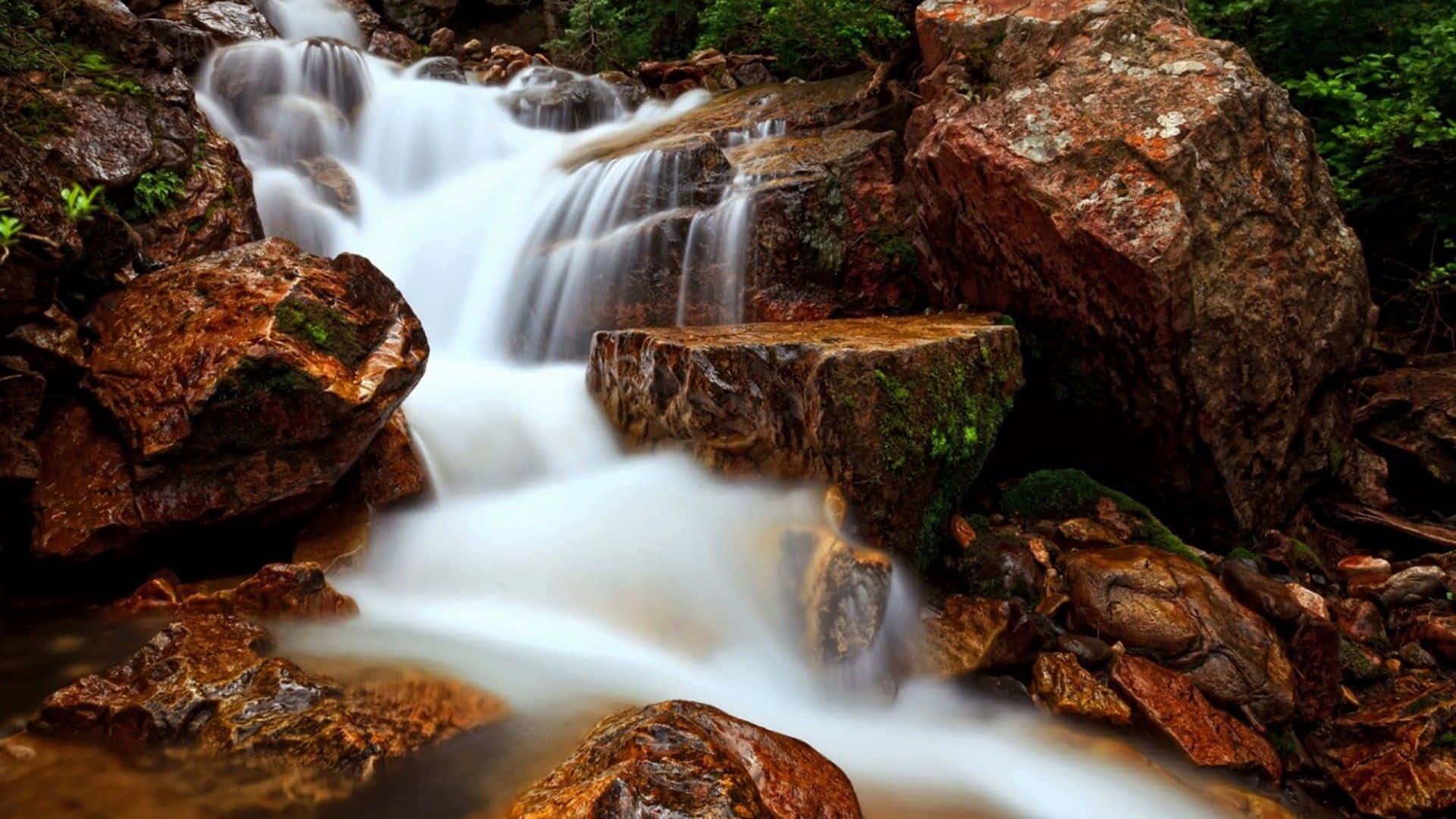 Waterfalls 桌布 壁紙 — 一道寧靜的瀑布流過長滿苔蘚的棕色岩石，四周環繞著茂密的綠色森林。