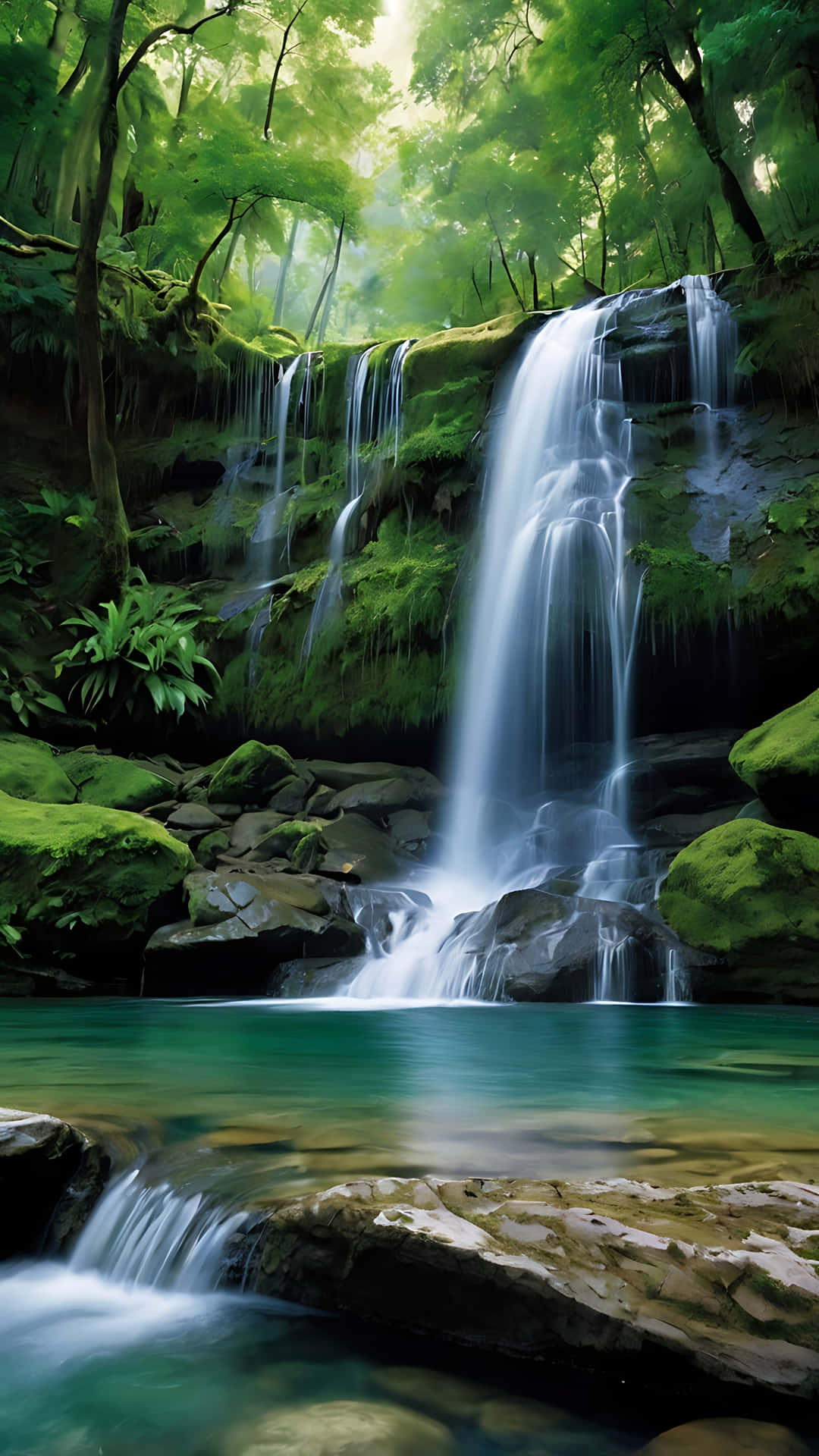 Pristine Waterfall Tranquility in Nature’s Heart. smartphone wallpaper 壁紙 — 一道寧靜的瀑布穿過茂密的綠色森林，流入一個清澈的藍綠色水池，周圍是長滿苔蘚的岩石。