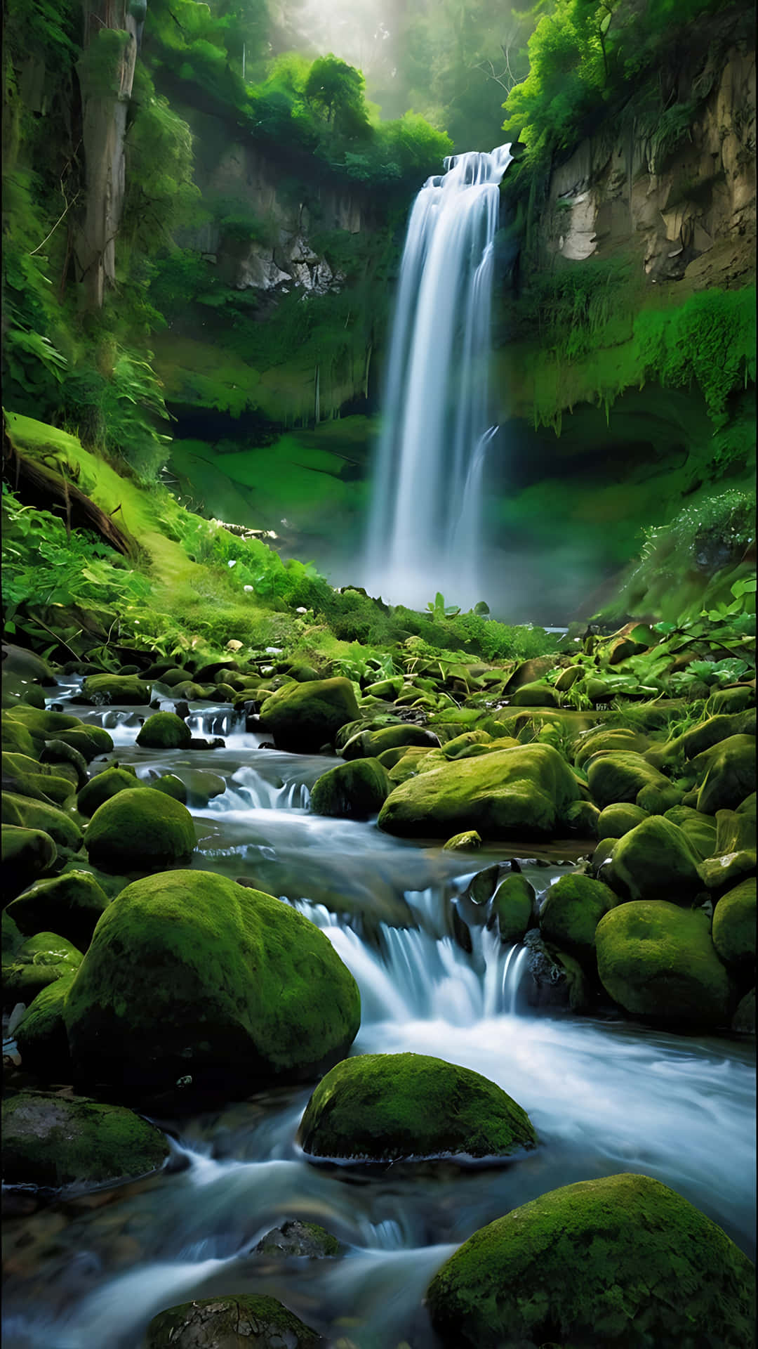 Nature's Canvas – A Waterfall Wonderland. smartphone wallpaper 壁紙 — 一道寧靜的瀑布穿過茂密的綠色森林，有長滿苔蘚的岩石和從下方溪流升起的柔和薄霧。