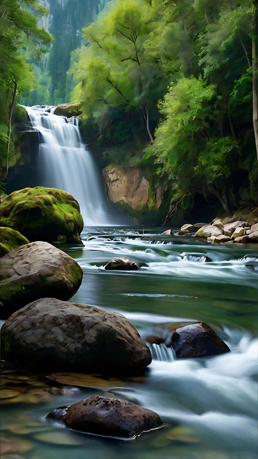 Flowing Serenity – Waterfall and River Beauty. smartphone wallpaper 壁紙 — 一道寧靜的瀑布穿過茂密的綠色森林，有長滿苔蘚的岩石和下方流淌的河流。