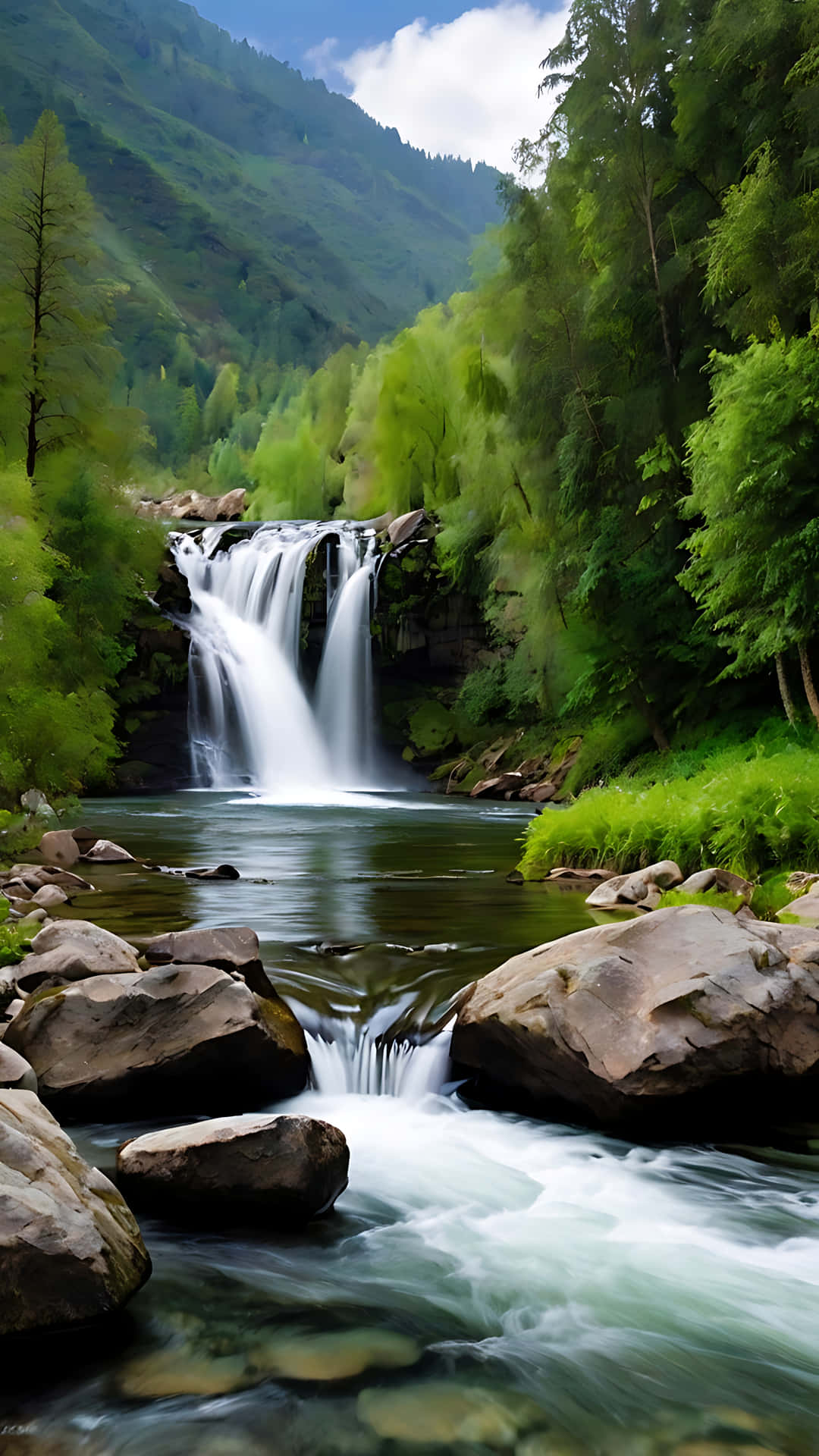 Flowing Serenity – Waterfall and River Beauty. smartphone wallpaper 壁紙 — 一道寧靜的瀑布穿過茂密的綠色森林，流入一條平靜的河流，周圍環繞著長滿苔蘚的岩石和高聳的樹木。