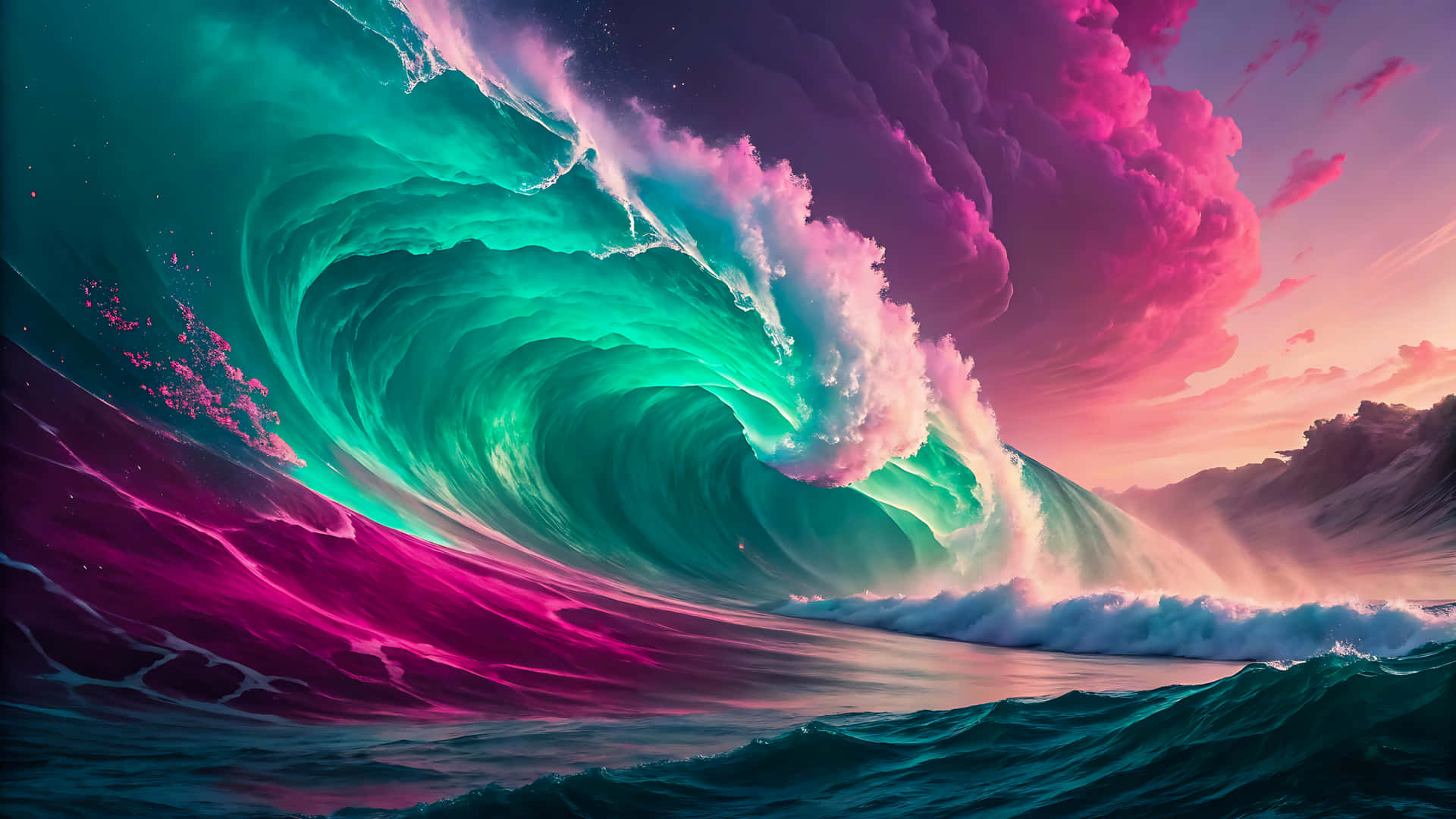 Dramatic ocean wave with colorful clouds at sunset or sunrise 壁紙 — 一道巨大的海浪以鮮豔的青綠色和洋紅色捲起，映襯著風暴般的粉紅色天空和遠山。