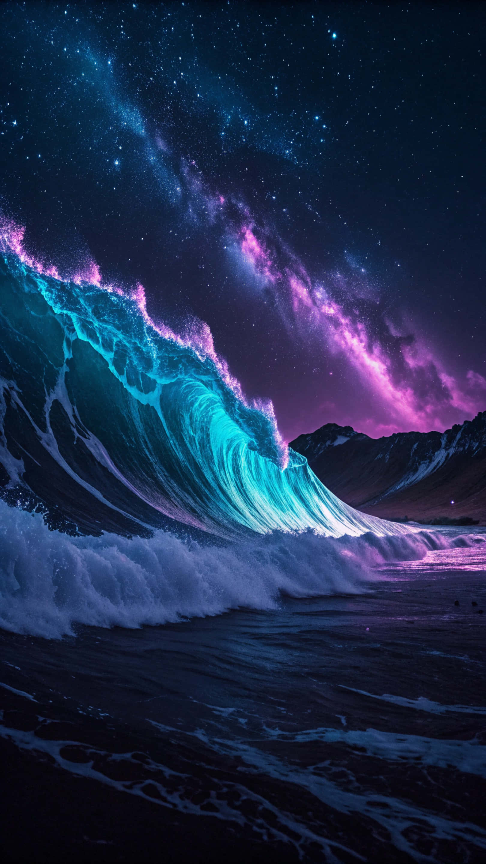 漸層 桌布 壁紙 — 一道巨大的發光波浪在佈滿紫色和藍色星雲的星空下衝擊，背景是黑暗的山脈。