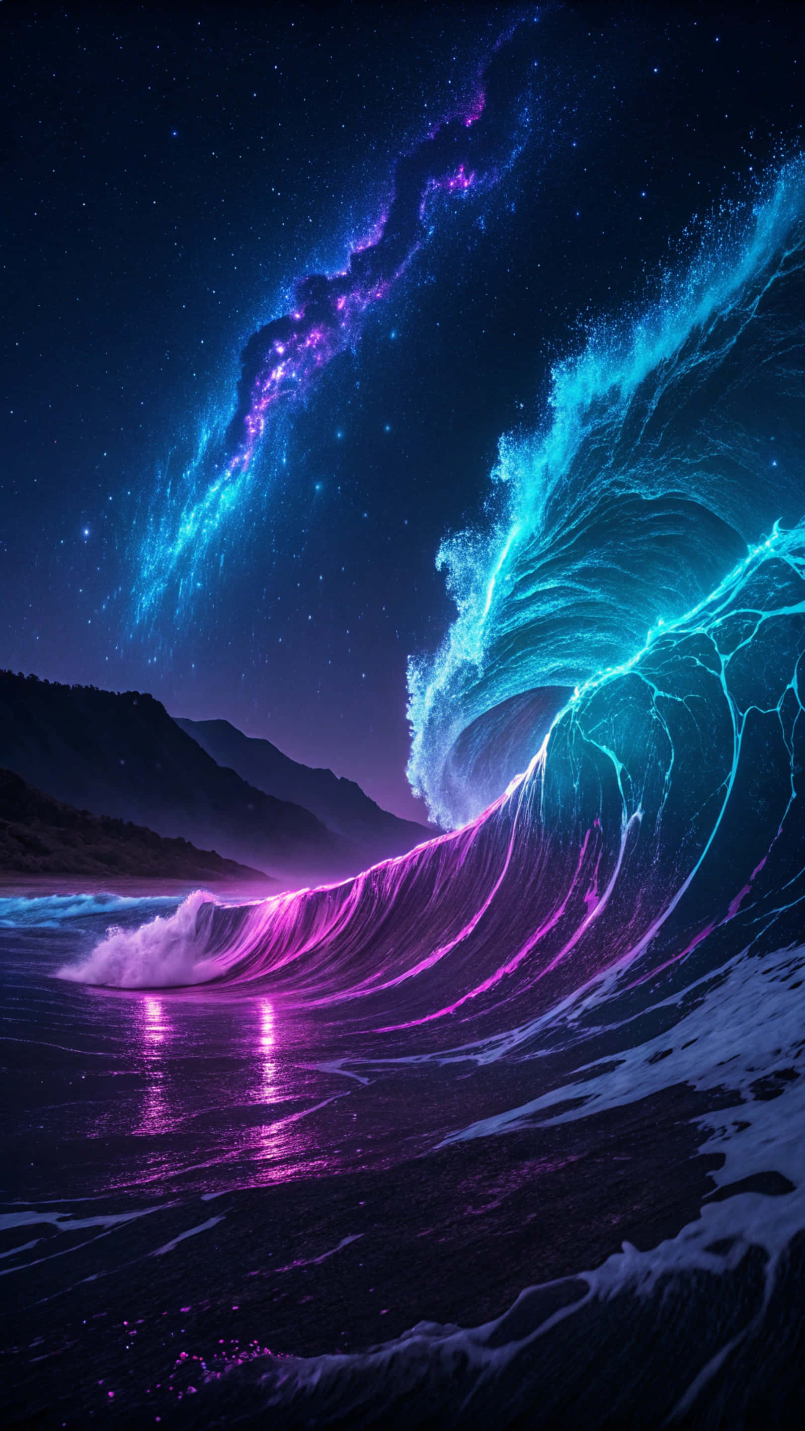 漸層 桌布 壁紙 — 一道巨大的發光海浪在繁星點點的夜空下衝擊，紫色和青色的霓虹色調在靠近山脈的暗水上反射。