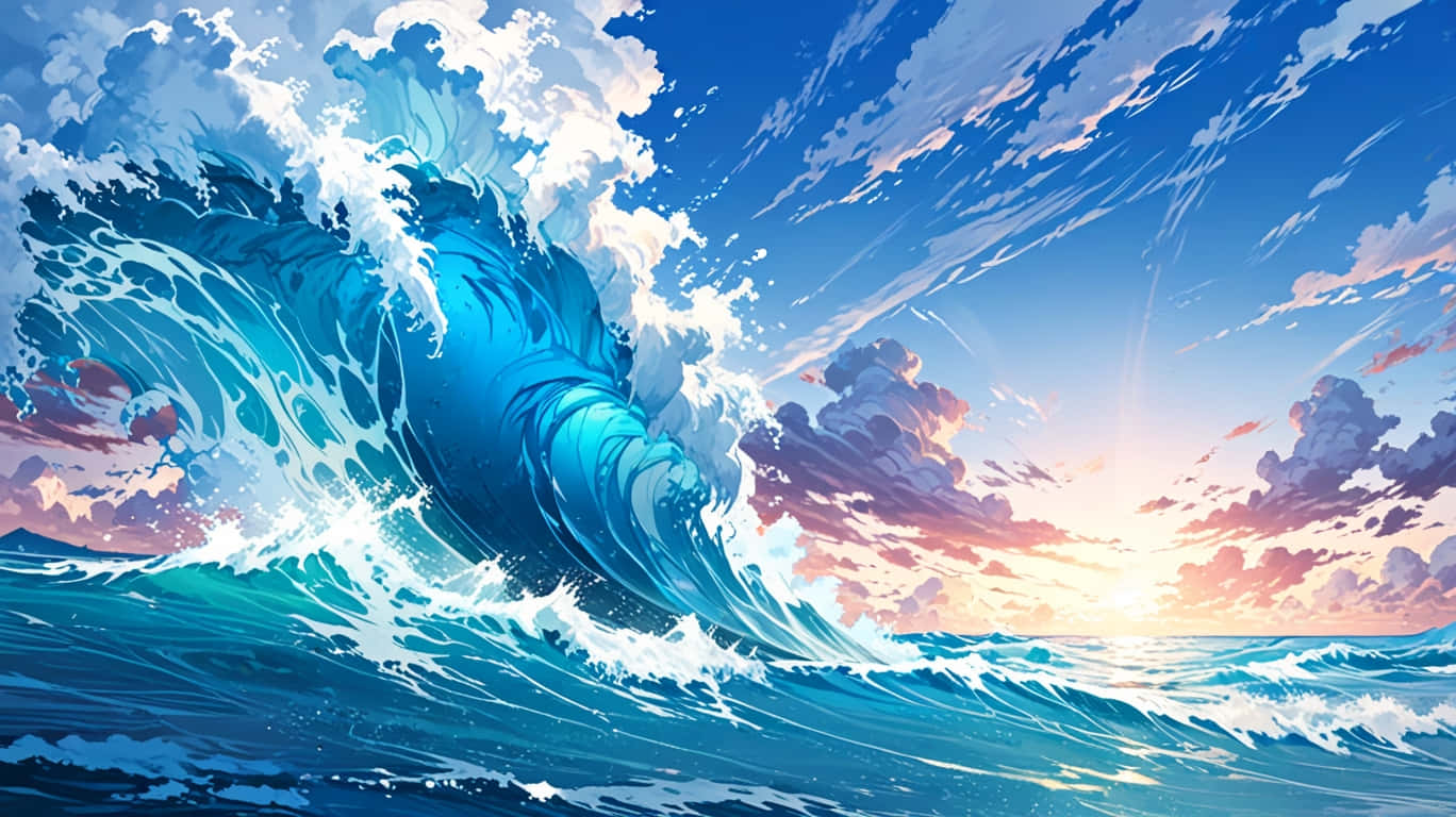 Animated Waves of the Ocean 壁紙 — 一道巨大的碧綠色海浪在充滿活力的日落天空下翻騰，天空中有粉紅色、紫色和藍色的雲彩。