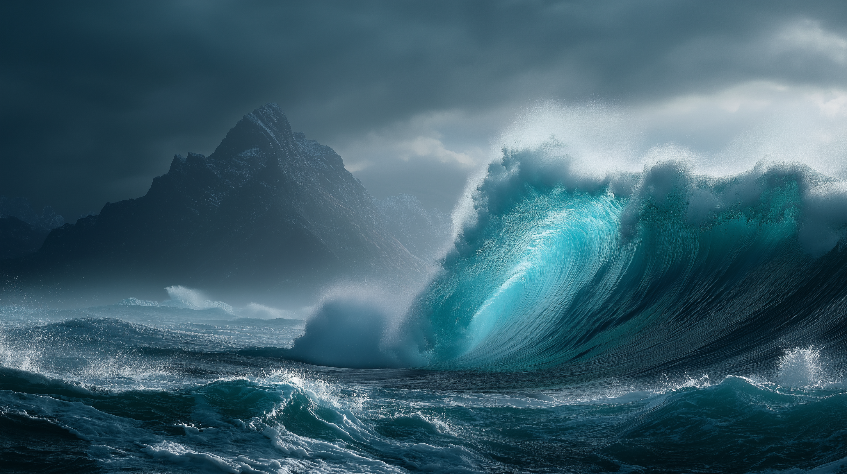 波浪 桌布 壁紙 — 一道巨大的藍綠色海浪在暴風雨中拍打著大海，鋸齒狀的山脈在烏雲下若隱若現。