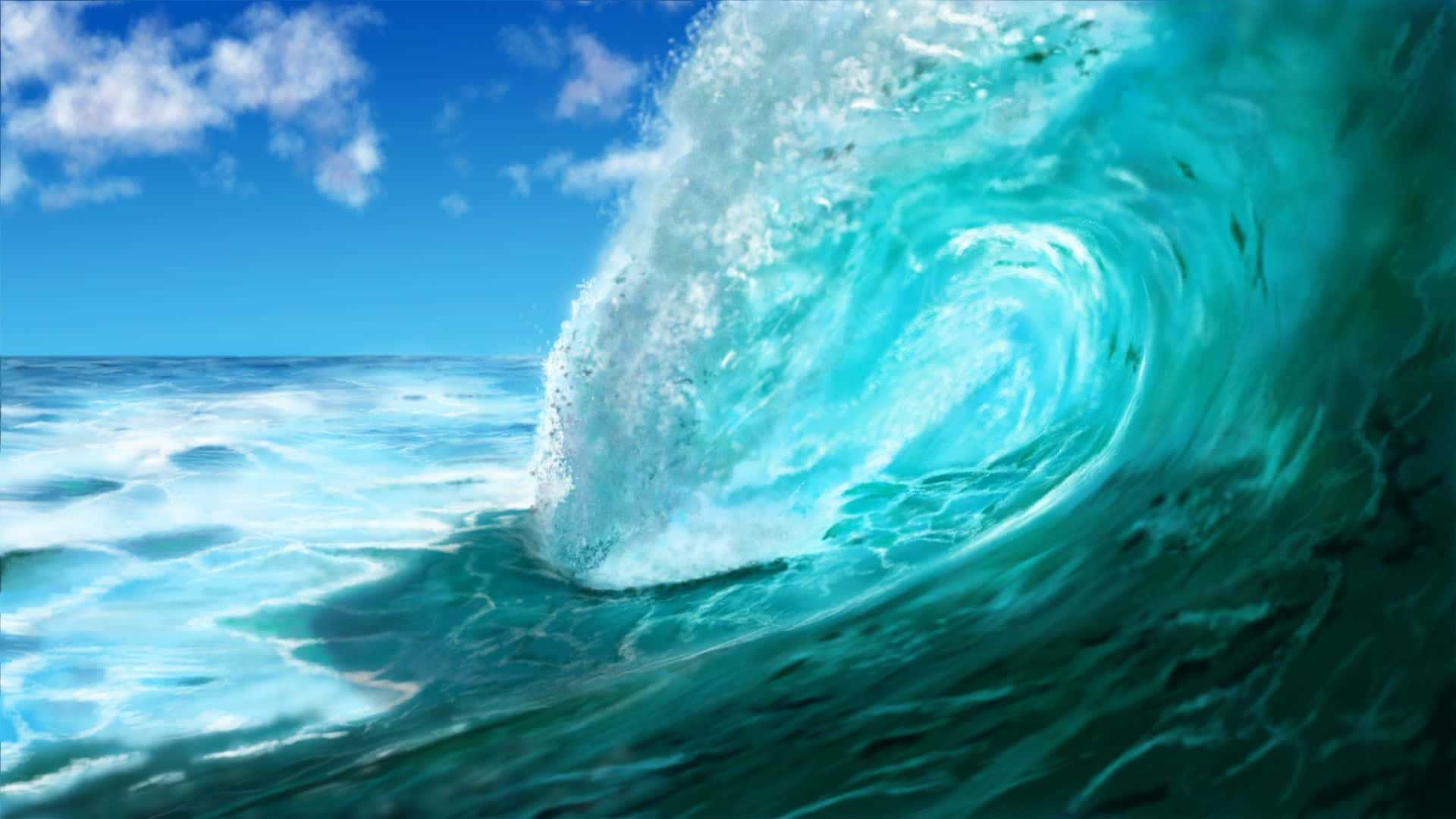 Ocean Waves 桌布 壁紙 — 一道巨大的藍綠色海浪強力捲起，映襯著晴朗藍天與零星白雲。