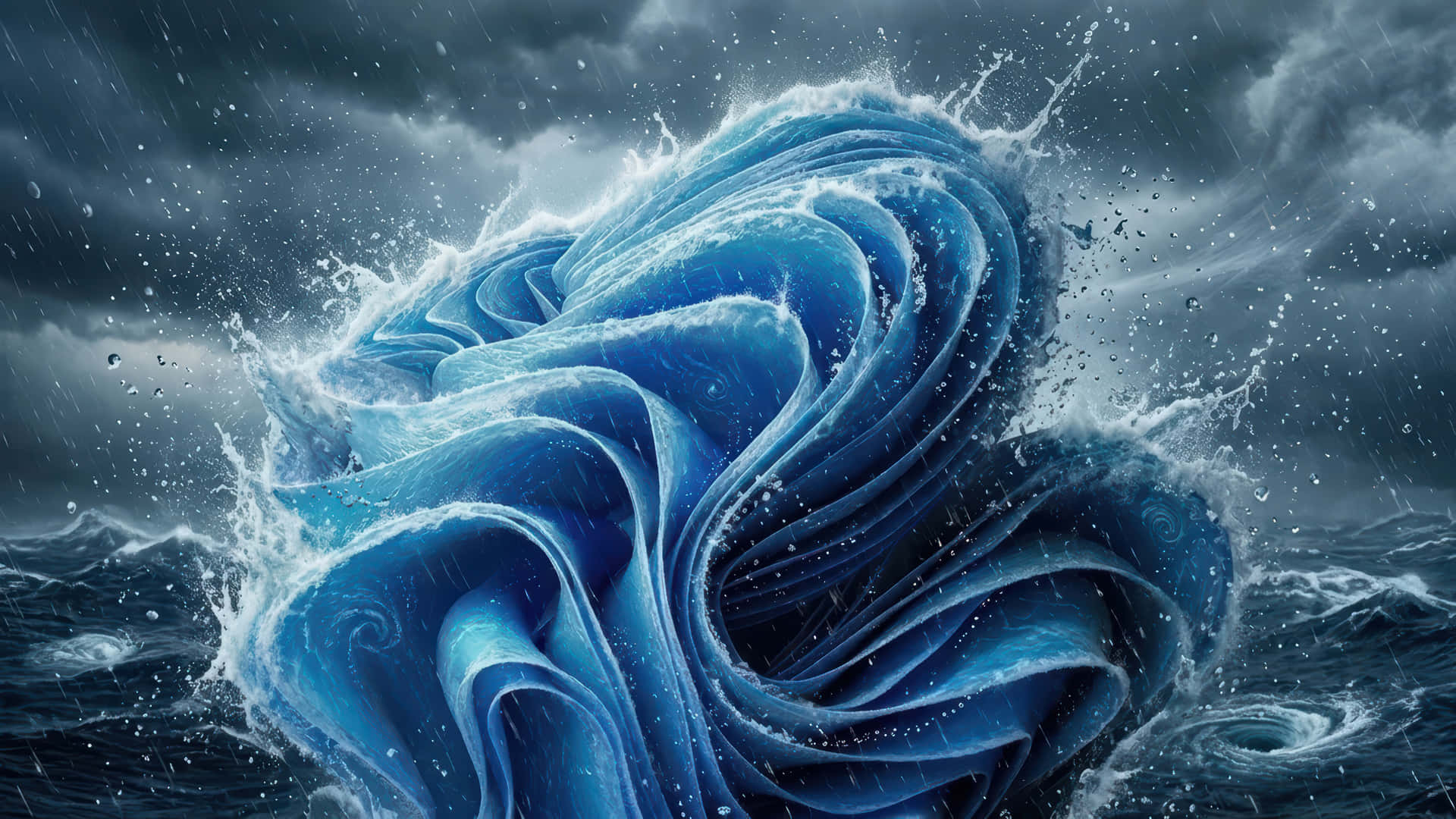 Stormy Bloom in a storm modded wallpaper for desktop Enhancement, 壁紙 — 一道巨大的藍色波浪在風暴般的灰色天空下翻捲並破碎，雨滴四處飛舞。