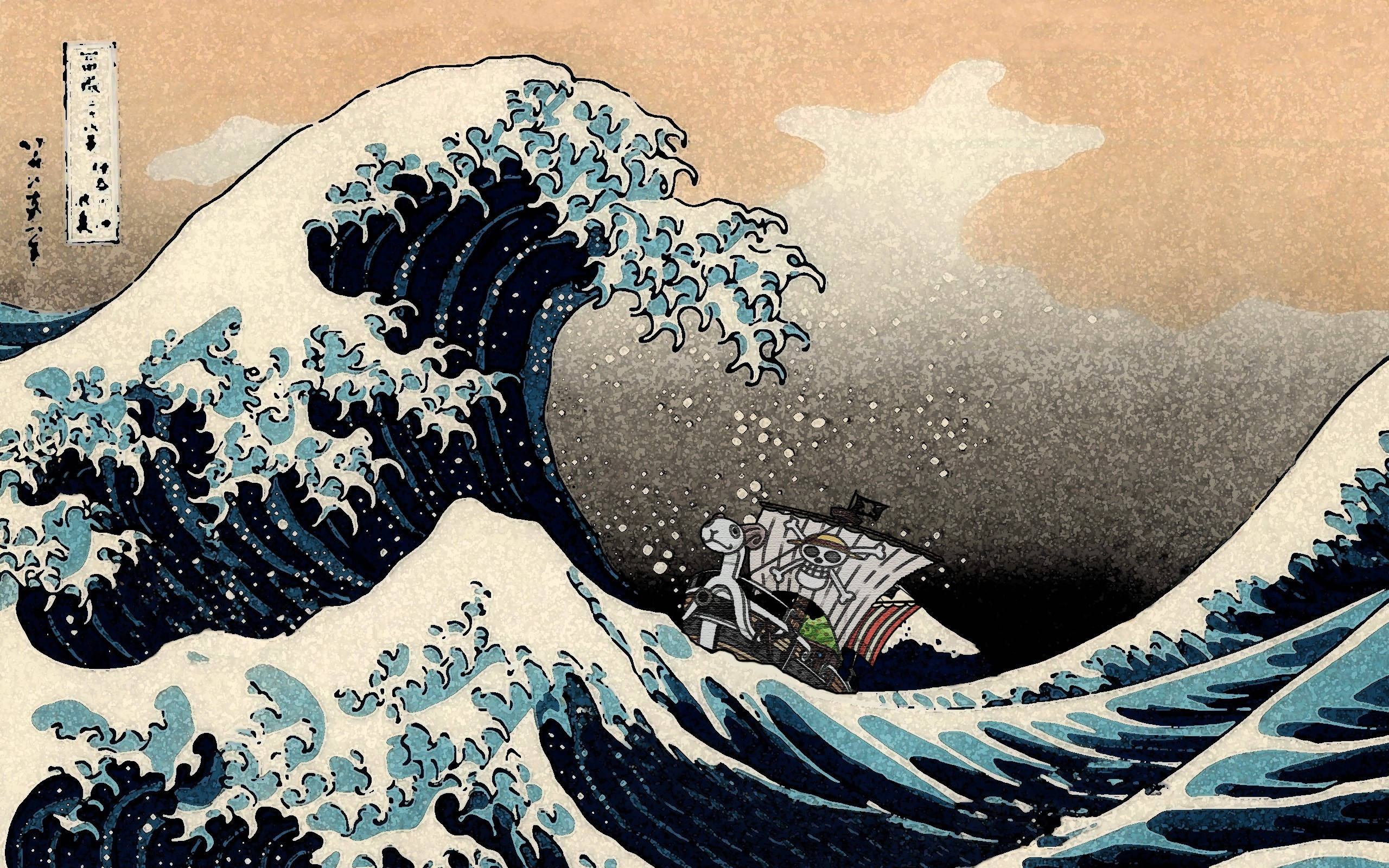 日式海浪 桌布 壁紙 — 一道巨大的藍色波浪沖向一艘小船，船上有一個人影在陰沉天空下緊緊抓住它。