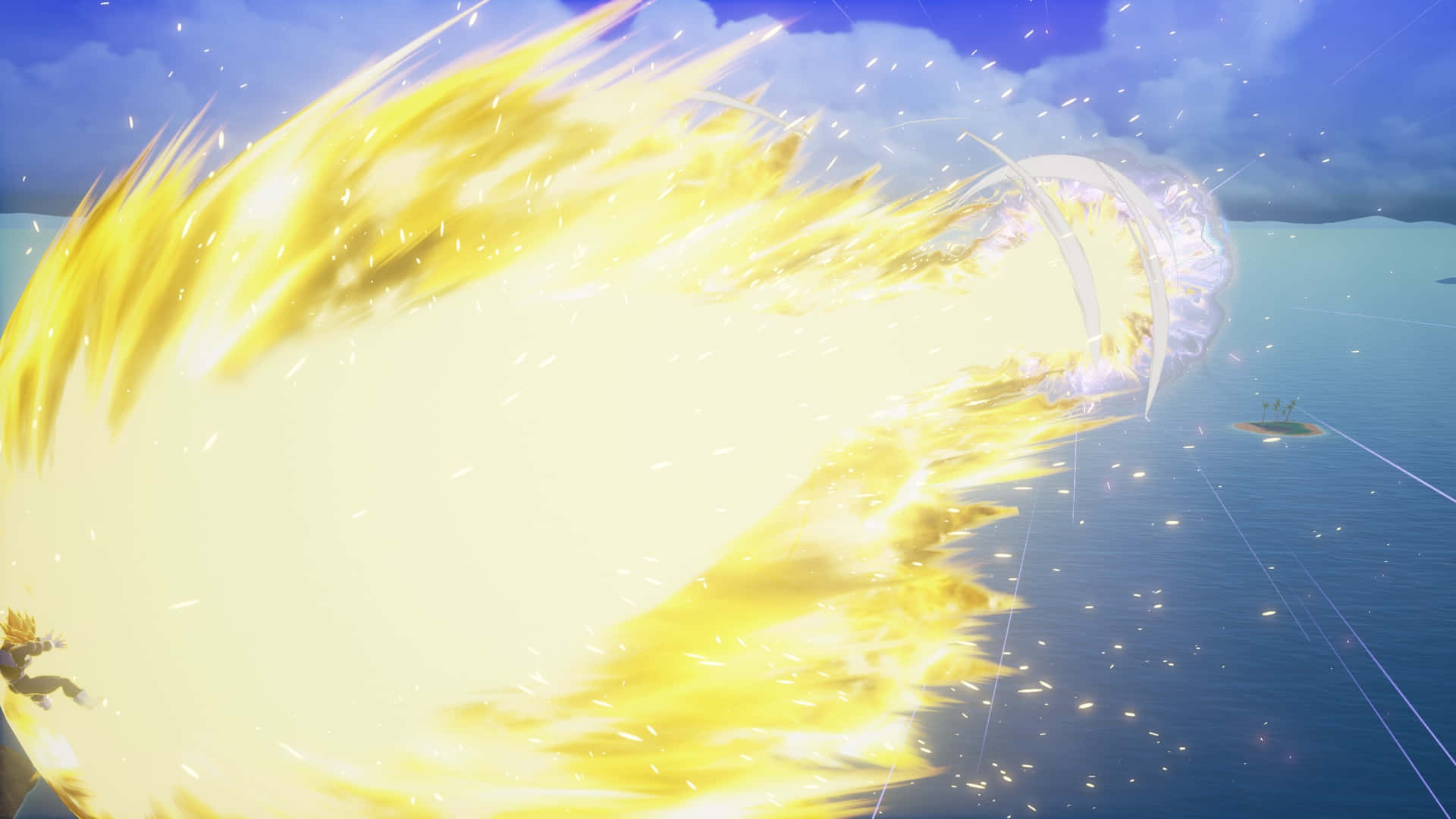 Vegeta's Final Flash 桌布 壁紙 — 一道巨大的金色能量衝擊波在廣闊的海洋和遠處的島嶼上空劃出弧線，天空蔚藍。
