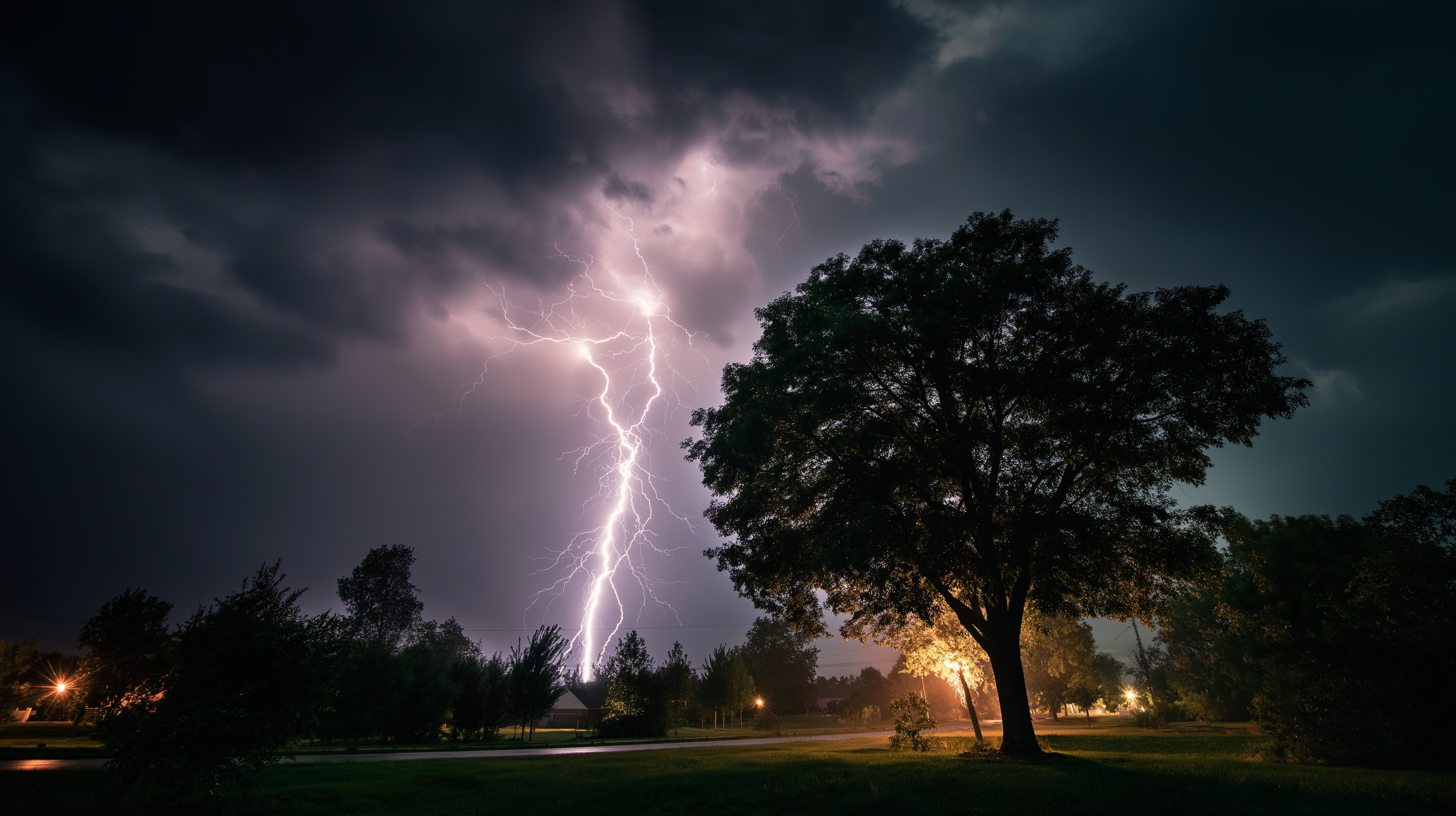 Thunderstorm 桌布 壁紙 — 一道巨大的閃電劃破暴風雨的夜空，下方是剪影樹木和郊區景觀。