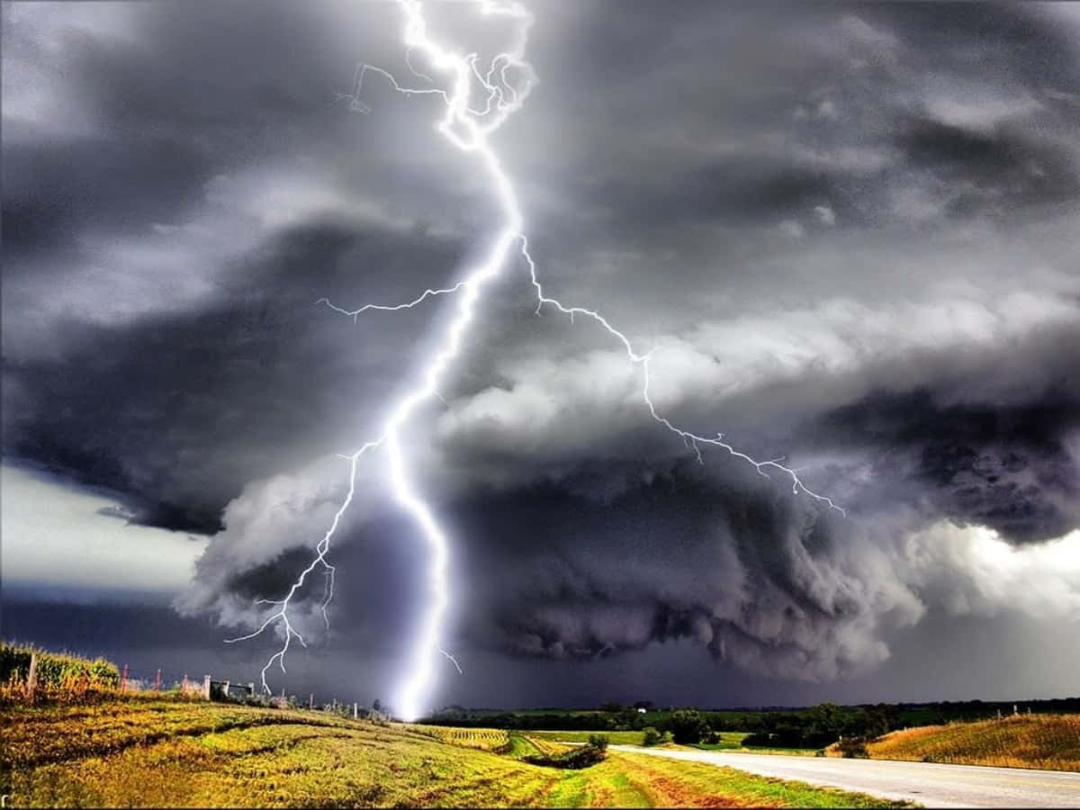 Natural Disaster 桌布 壁紙 — 一道巨大的閃電劃破暴風雨的天空，照耀在鄉村道路和草地上。