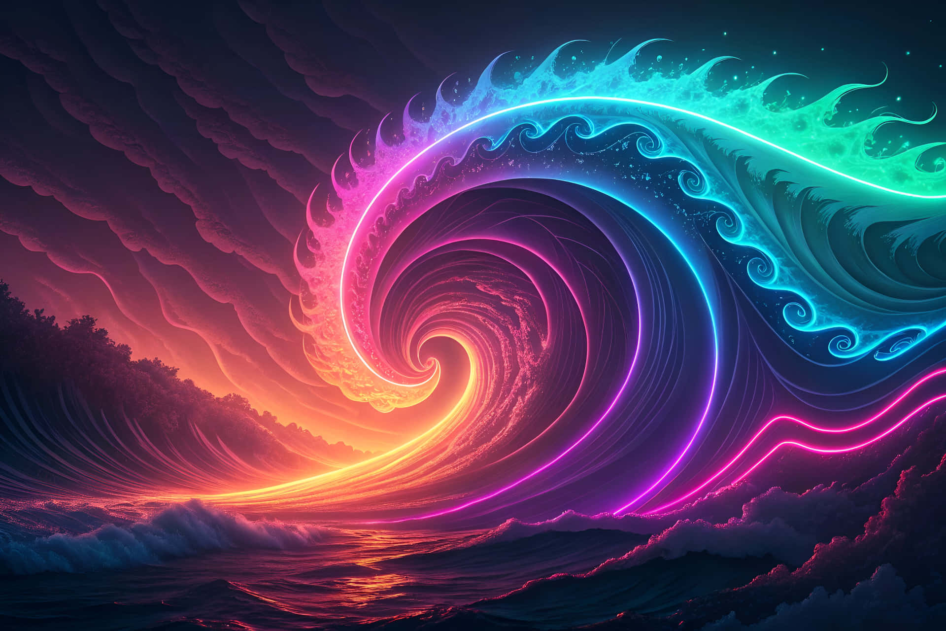 Swirling neon abstract wallpaper with fluid shapes, glowing edges 壁紙 — 一道巨大的霓虹波浪以鮮豔的粉紅、藍色和青色螺旋向上，映襯著暴風雨般的黃昏天空。