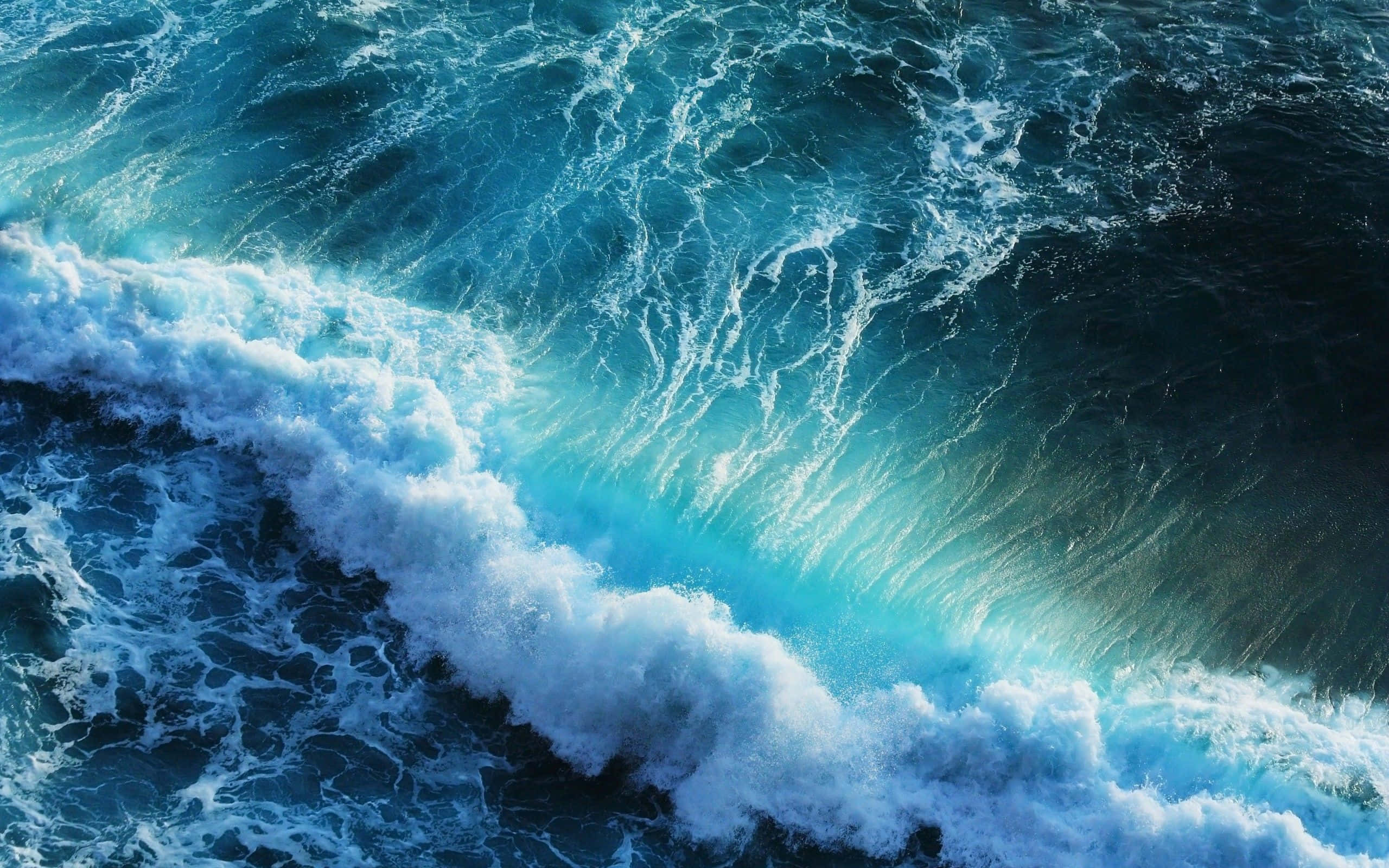Pretty Ocean 桌布 壁紙 — 一道強勁的海浪捲起，帶有藍綠色和深藍色的海水，撞擊成白色泡沫。