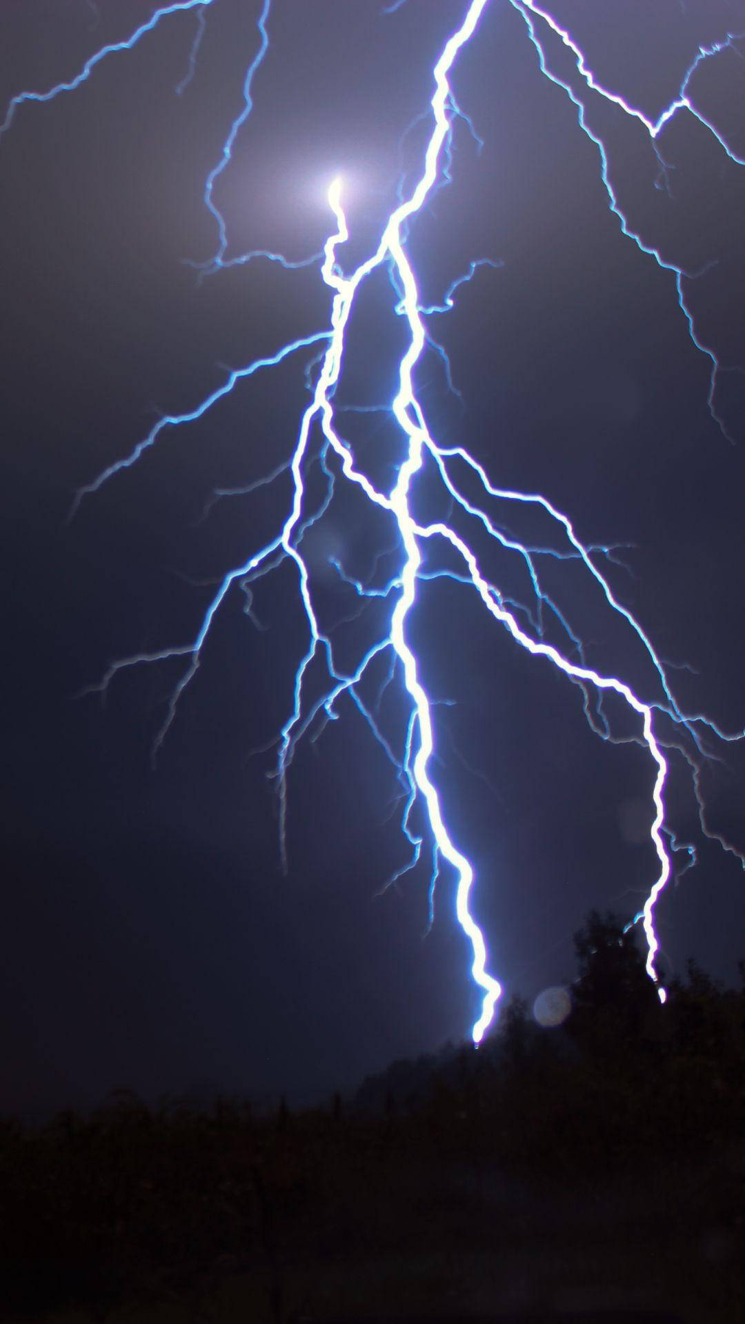 Aesthetic Lightning 桌布 壁紙 — 一道強勁的藍色閃電在漆黑的夜空中分叉，劃過樹木的剪影。
