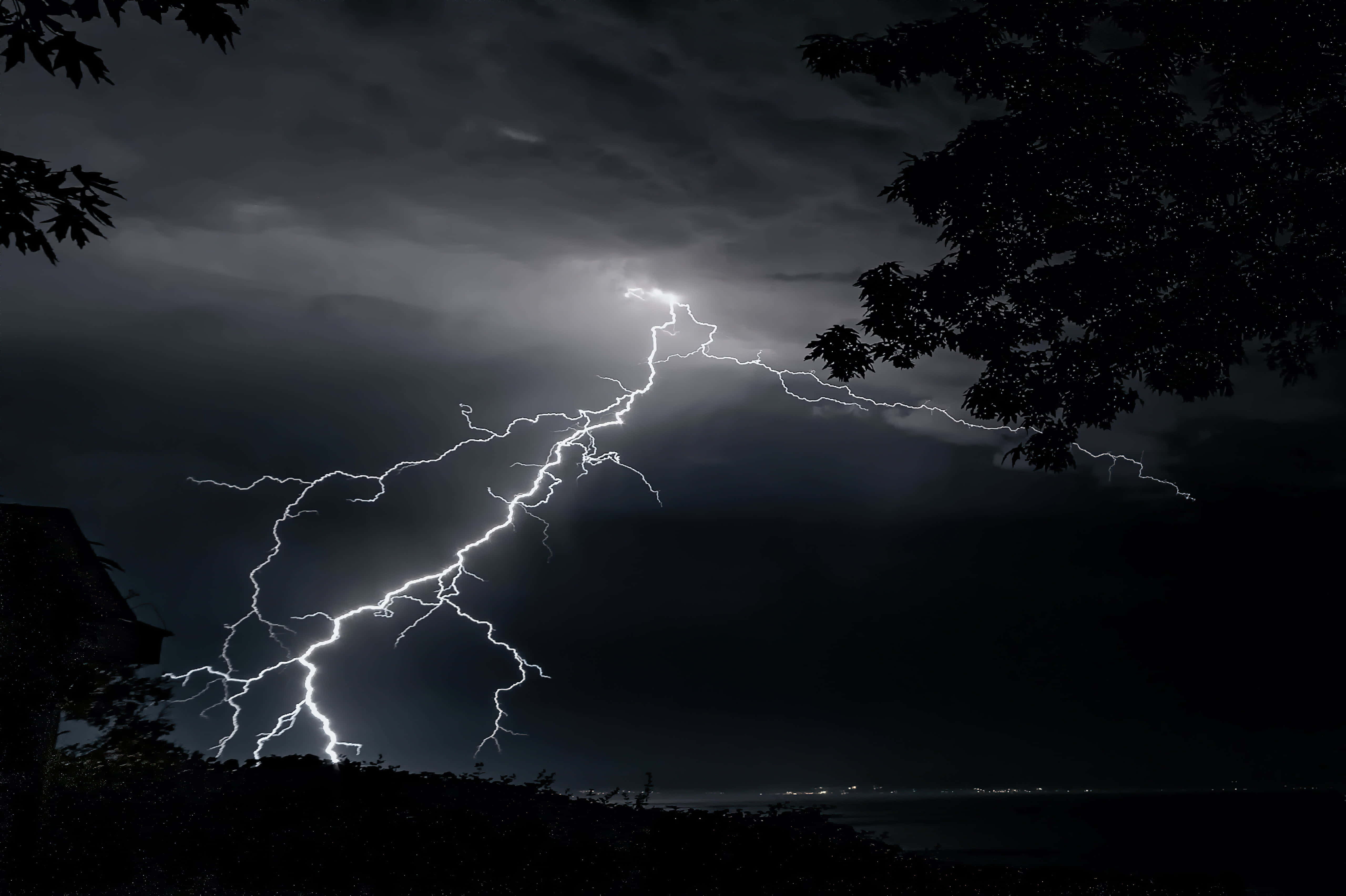 暴風 桌布 壁紙 — 一道強勁的閃電在暴風雨的夜空中分叉，襯托著黑暗的樹木剪影和遠處的城市燈光。