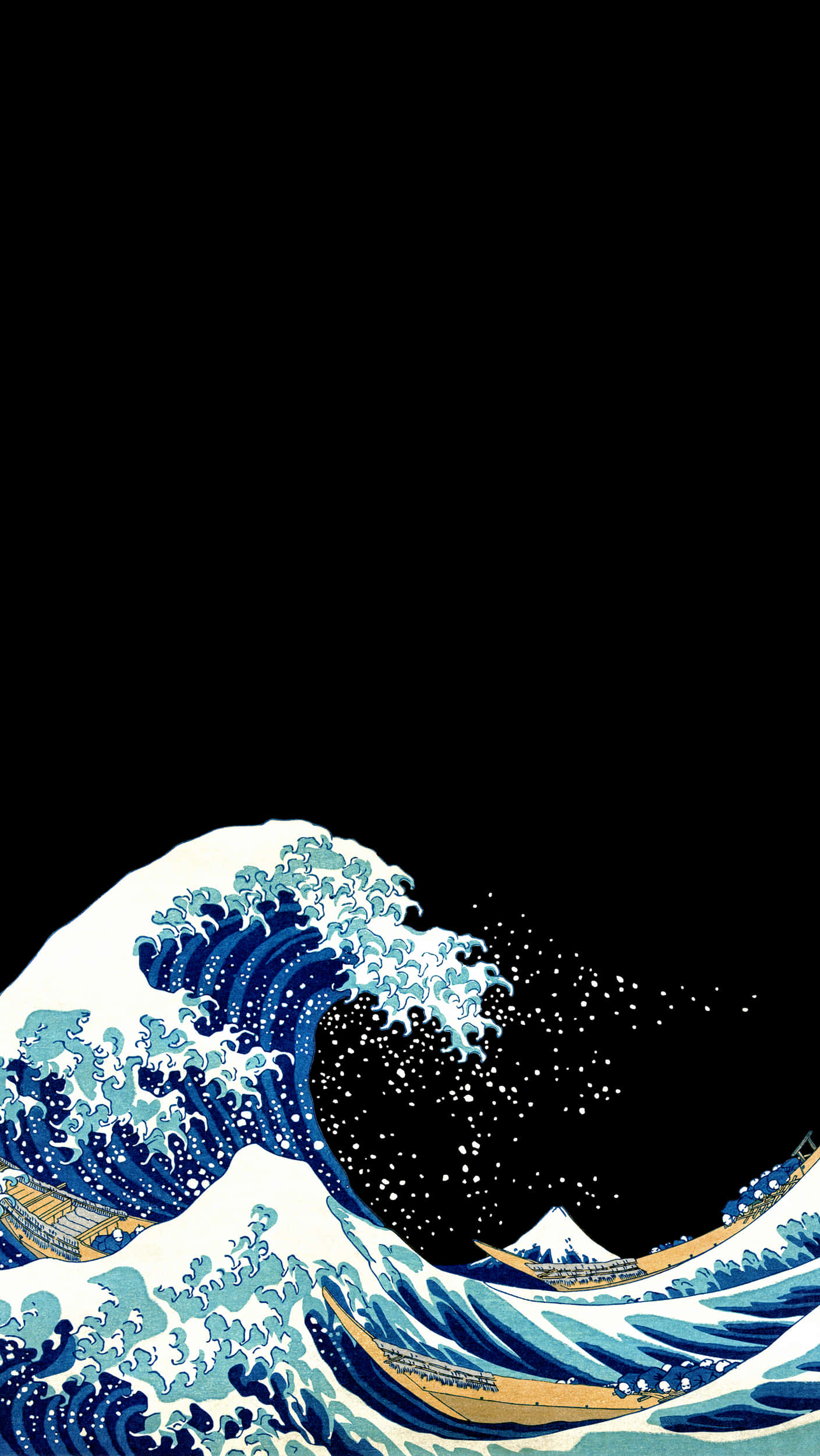 The Great Wave 桌布 壁紙 — 一道戲劇性的藍色巨浪衝擊著黑色虛空，伴隨著小船和遠處的雪山。