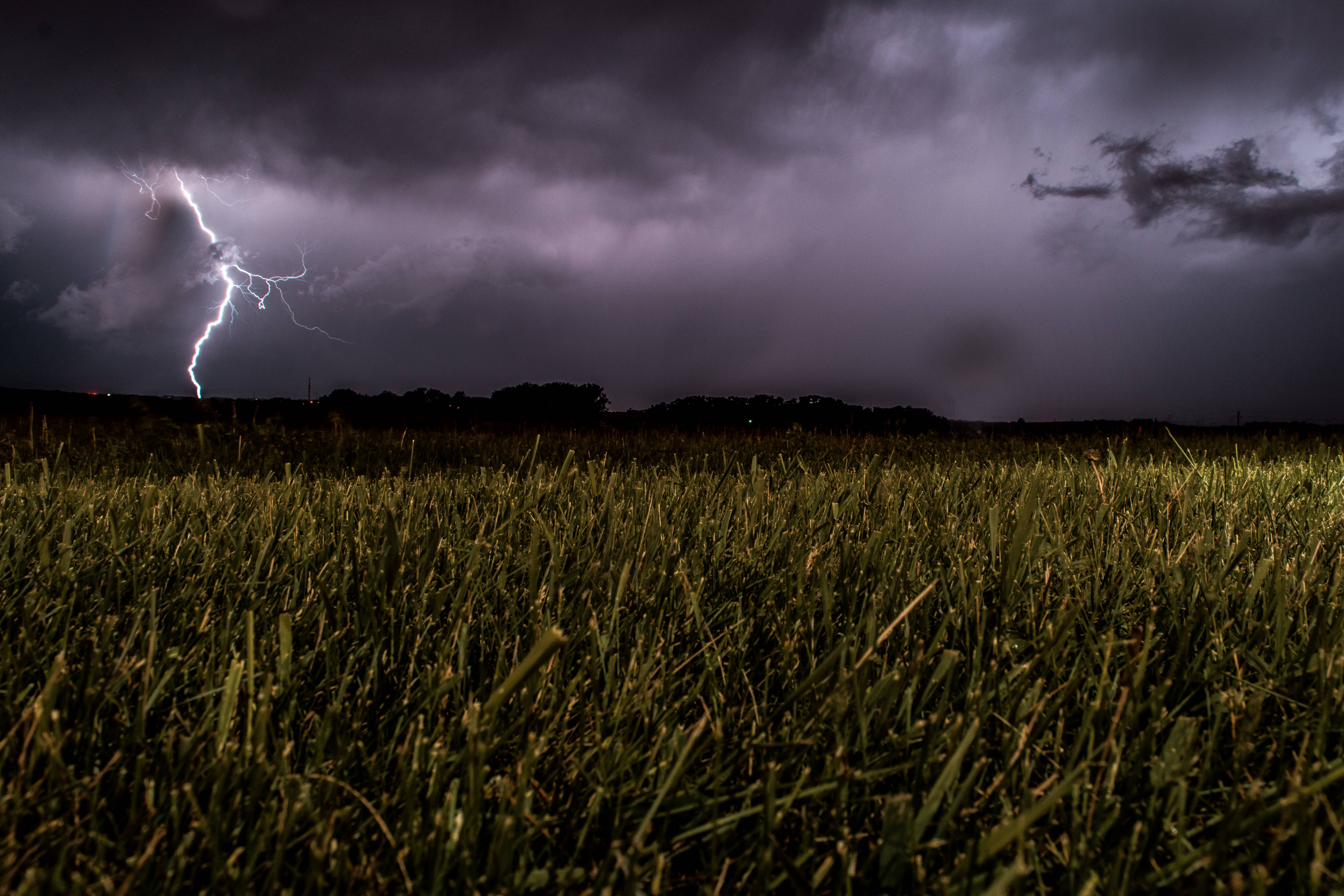 閃電 桌布 壁紙 — 一道戲劇性的閃電劃破暴風雨的紫色天空，照亮夜晚深綠色的草地。