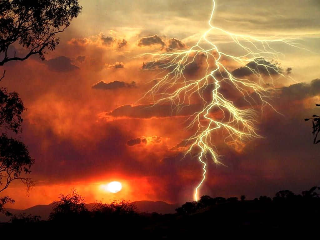 Weather 桌布 壁紙 — 一道戲劇性的閃電在剪影樹木和遠山之上的火紅日落天空中分叉。