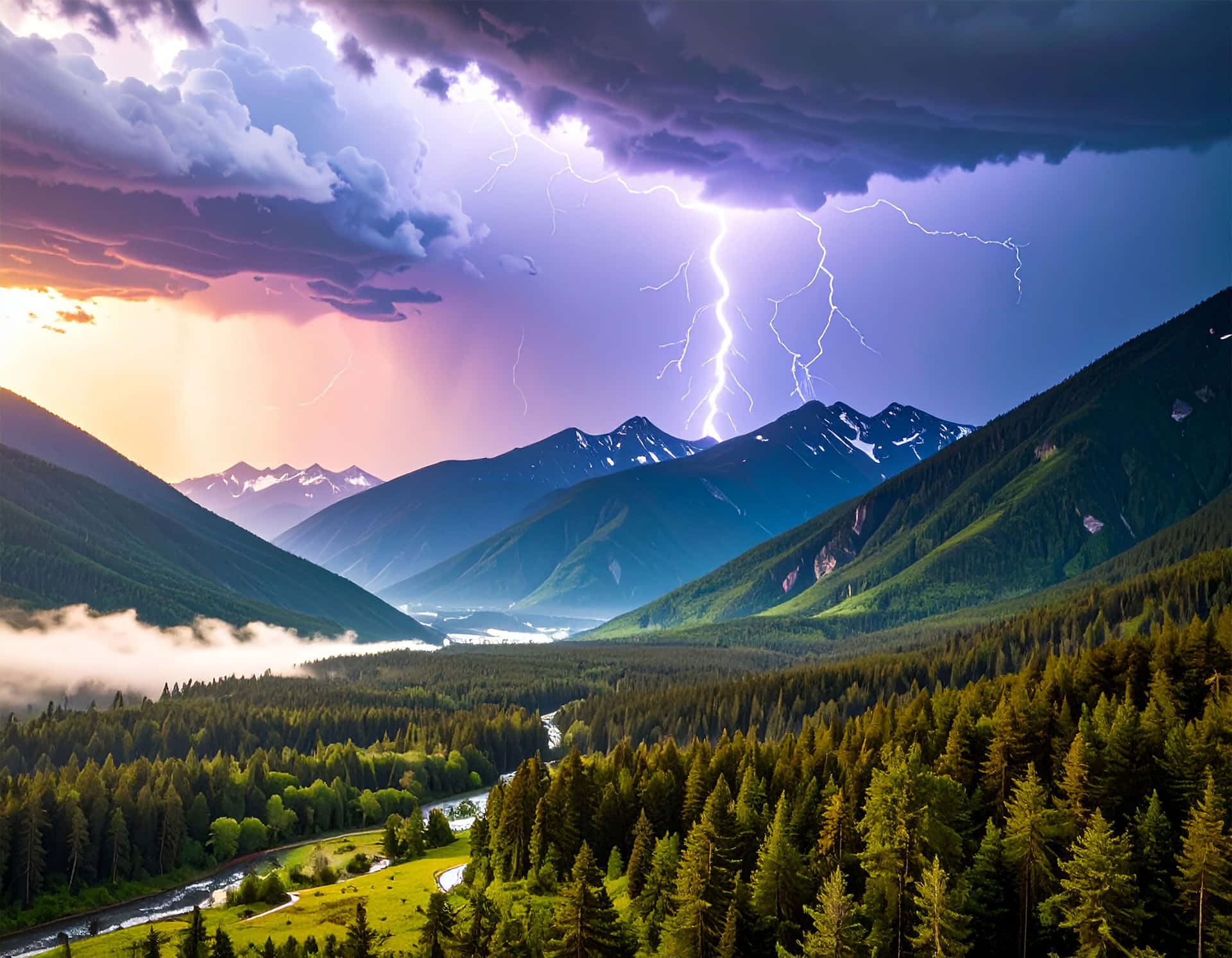 Panoramic Landscape 壁紙 — 一道戲劇性的閃電擊中積雪的山峰，河流蜿蜒穿過茂密的綠色森林山谷。