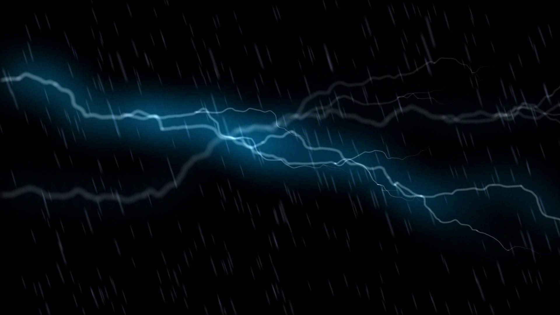 電力 桌布 壁紙 — 一道戲劇性的電藍色閃電劃過漆黑的天空，雨水以尖銳的對角線落下。