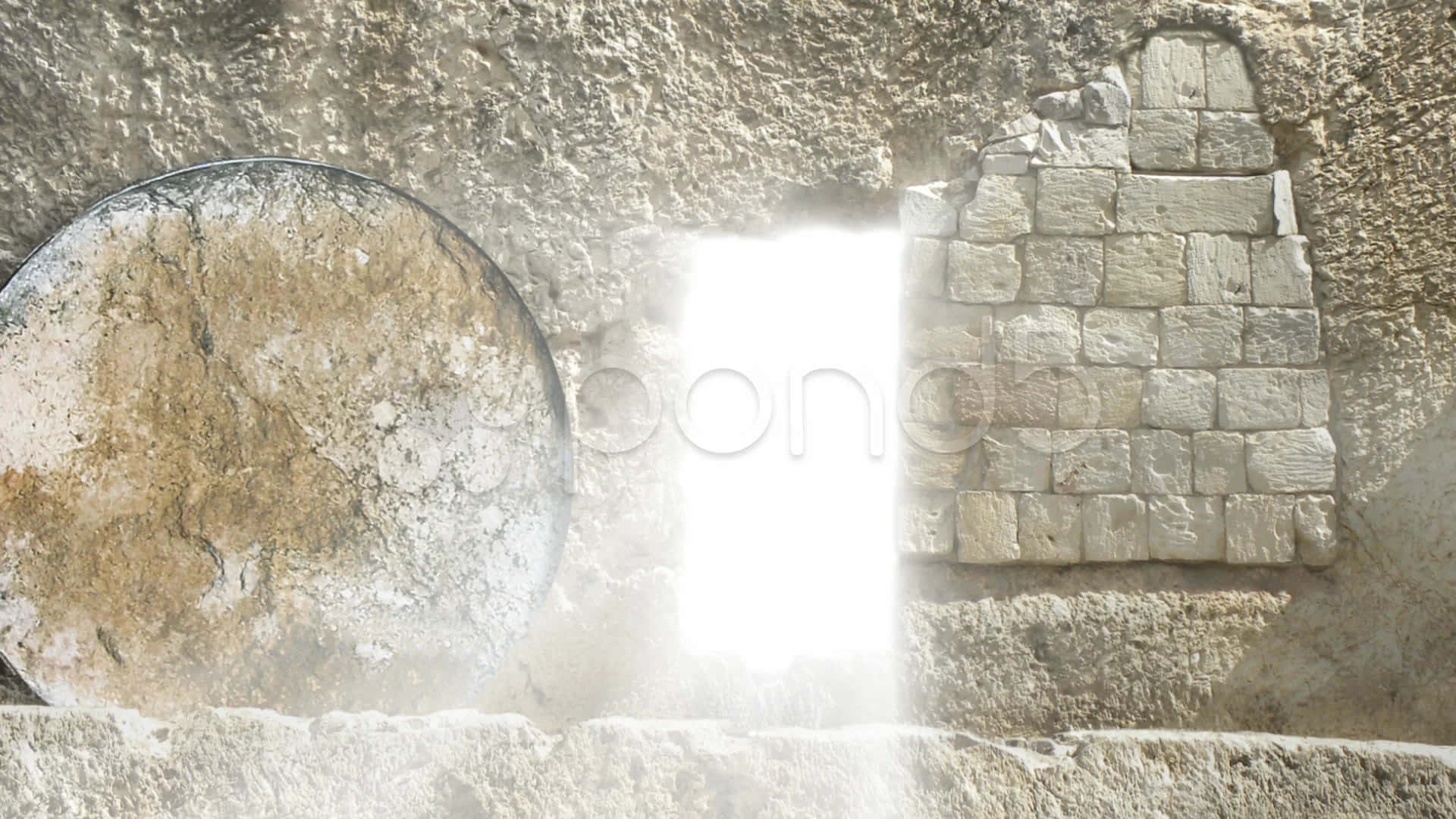 Jesus Tomb 桌布 壁紙 — 一道明亮的光線穿過古老洞穴中的石門，附近有一塊巨大的圓形石板。