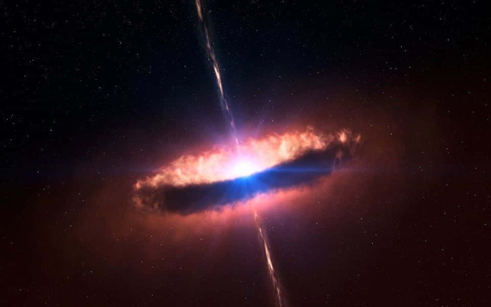 Galactic Center 桌布 壁紙 — 一道明亮的宇宙噴流從發光的吸積盤中噴出，背景是深空中的星場。