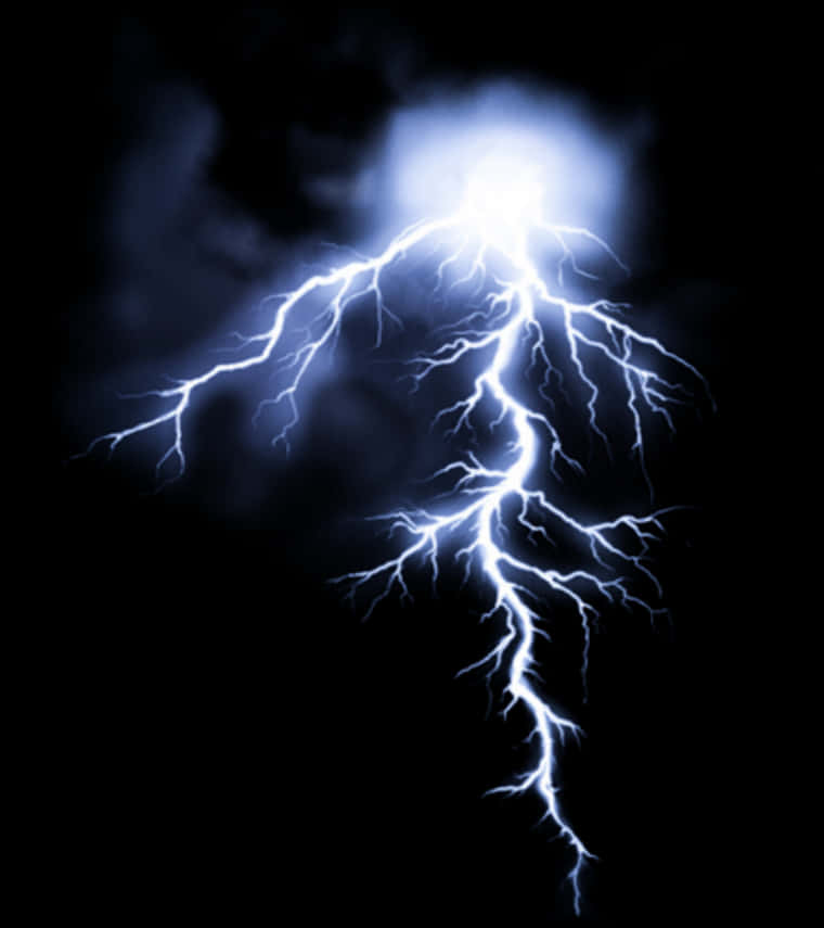 Lightning Bolt 桌布 壁紙 — 一道明亮的白色閃電戲劇性地在漆黑的天空中叉開，伴隨著發光的霧狀雲層。