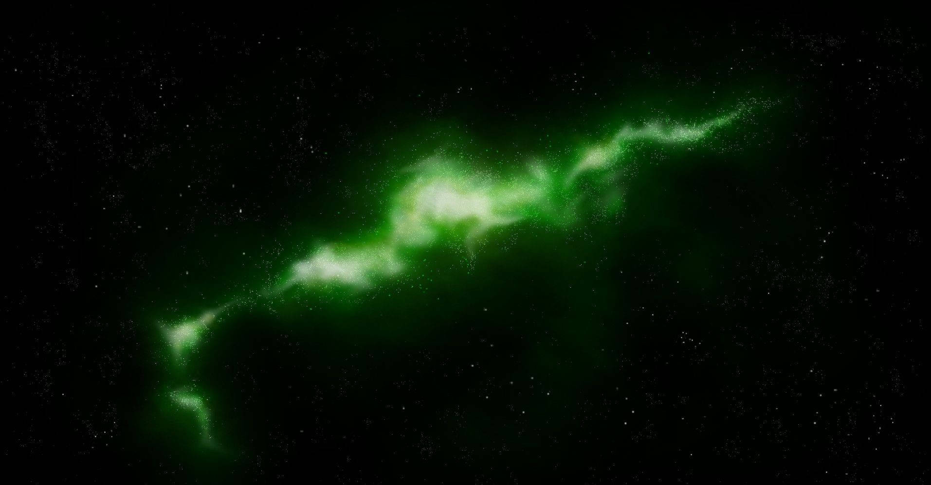 銀河 桌布 壁紙 — 一道明亮的綠色星雲劃過佈滿星辰的黑色宇宙虛空，帶有發光的絲狀物和散落的星星。
