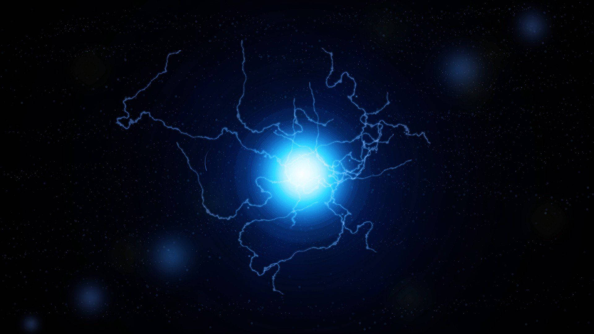 電力 桌布 壁紙 — 一道明亮的藍色閃電在星光熠熠的宇宙背景下散發能量，伴隨著發光的球體。