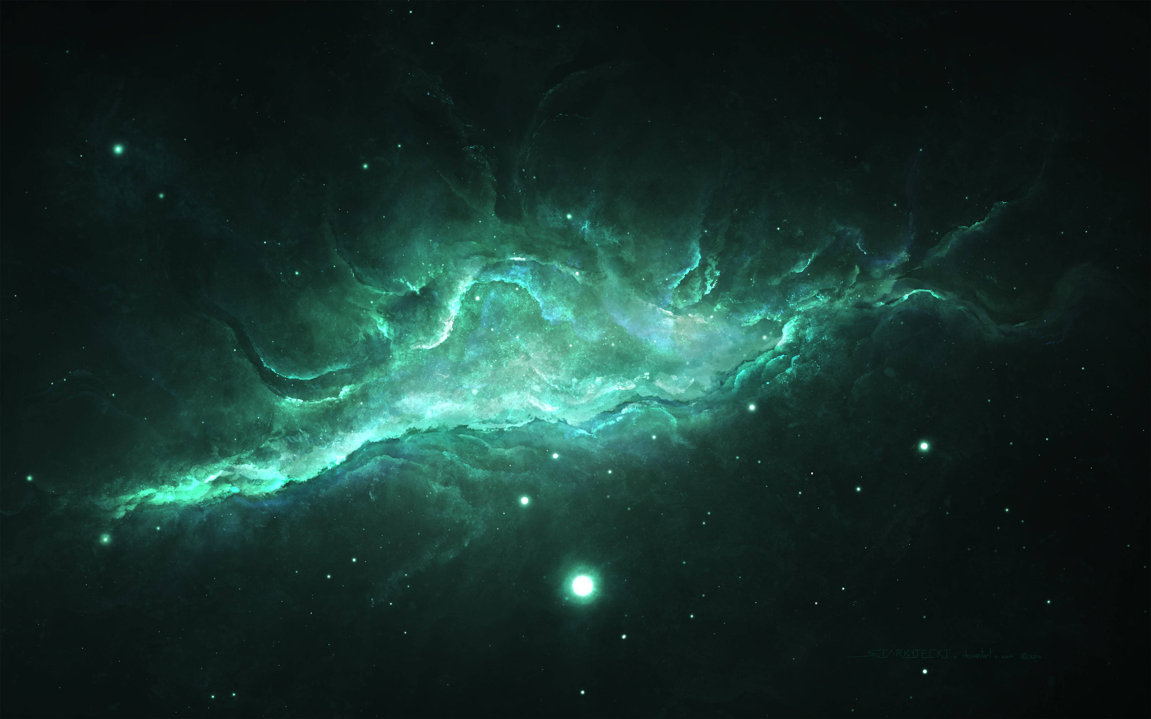 螢光綠 桌布 壁紙 — 一道明亮的青綠色星雲在深邃的太空中旋轉，點綴著閃爍的星星，背景是黑色的虛空。
