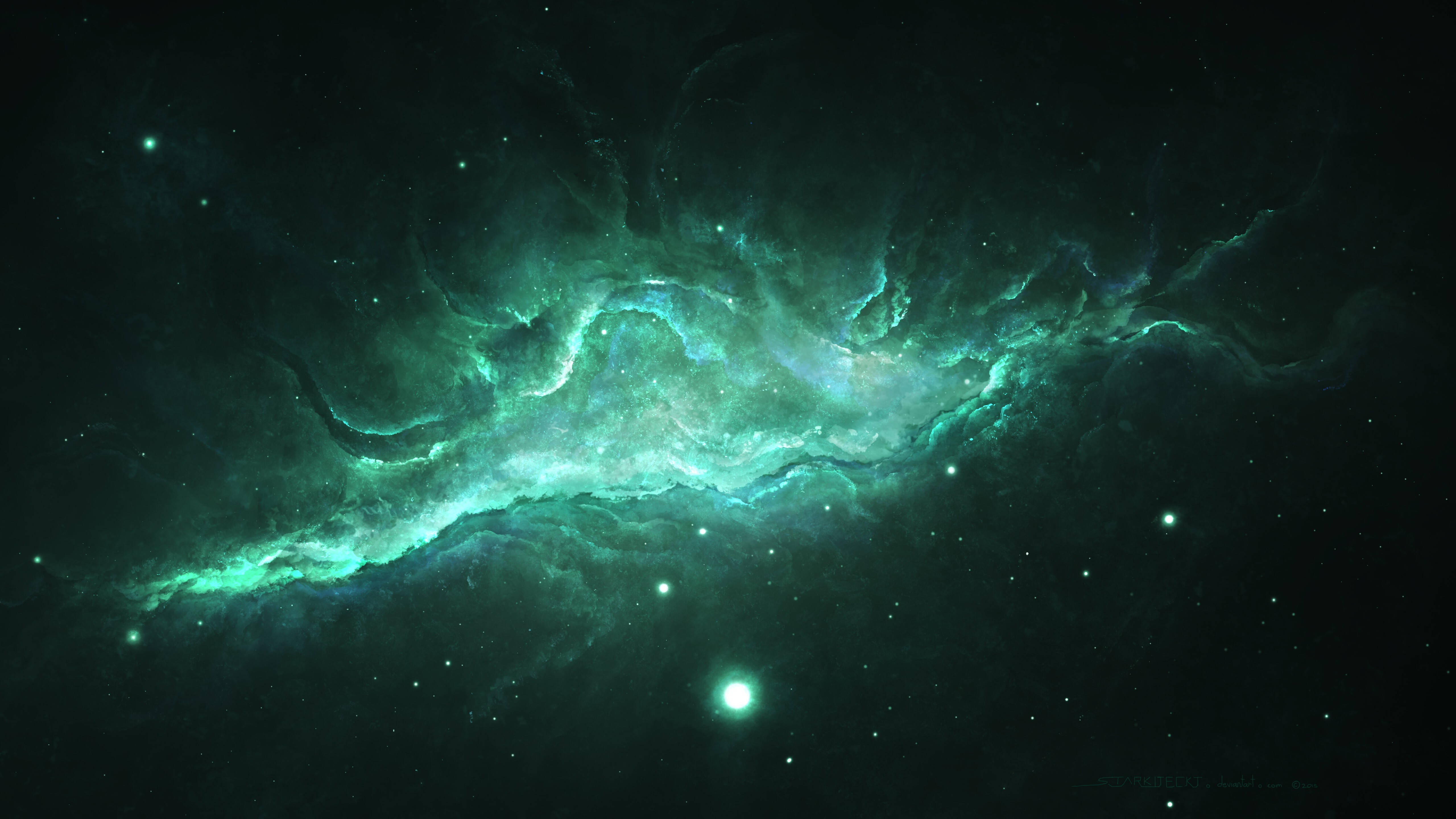 迷幻動圖 桌布 壁紙 — 一道明亮的青綠色星雲在深邃的太空中旋轉，點綴著閃爍的星星，襯托著黑色的虛空。