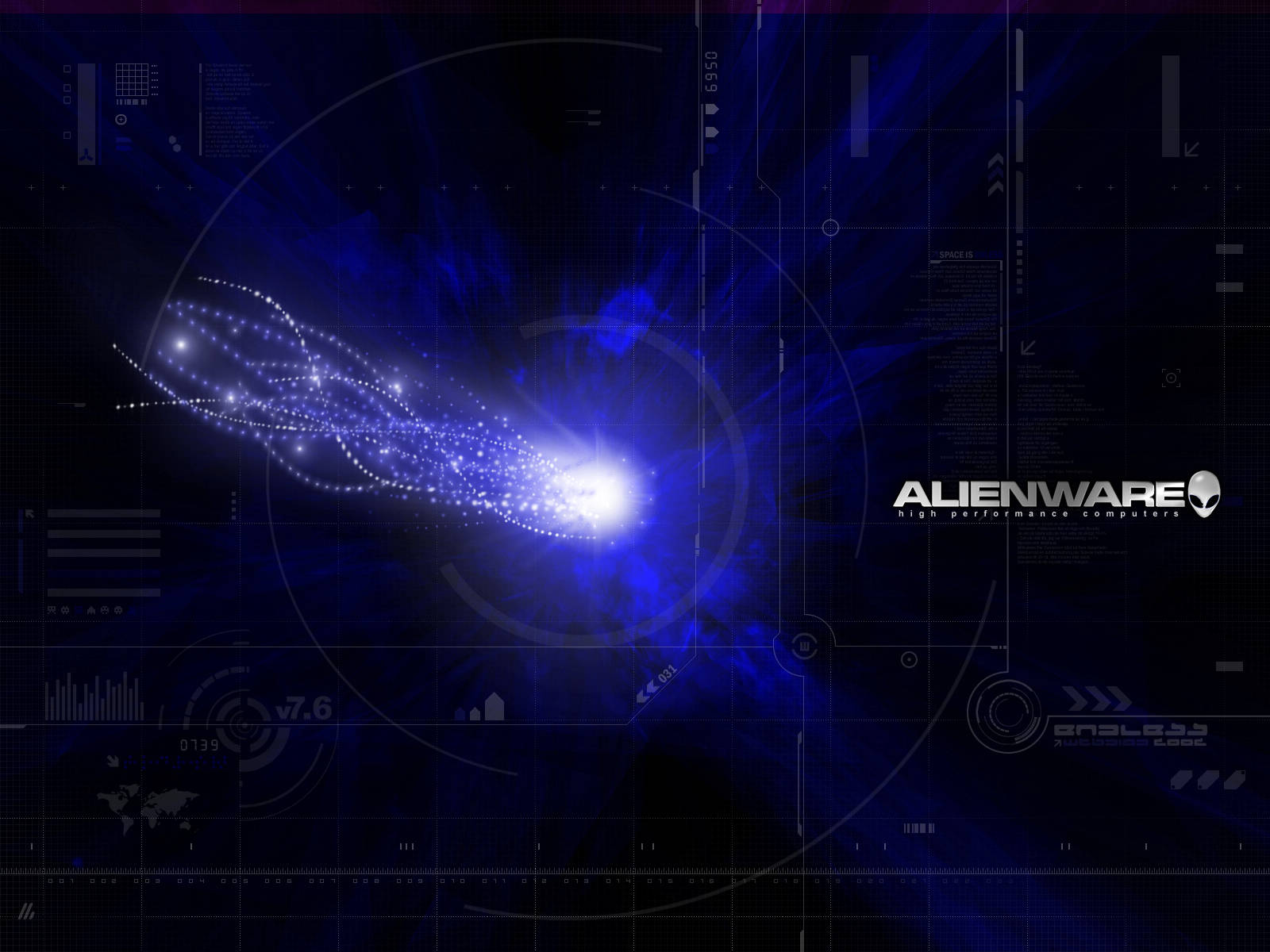 alienware default 桌布 壁紙 — 一道未來感的藍色能量爆發劃過黑暗的數位介面，帶有發光的HUD元素和Alienware品牌標誌。