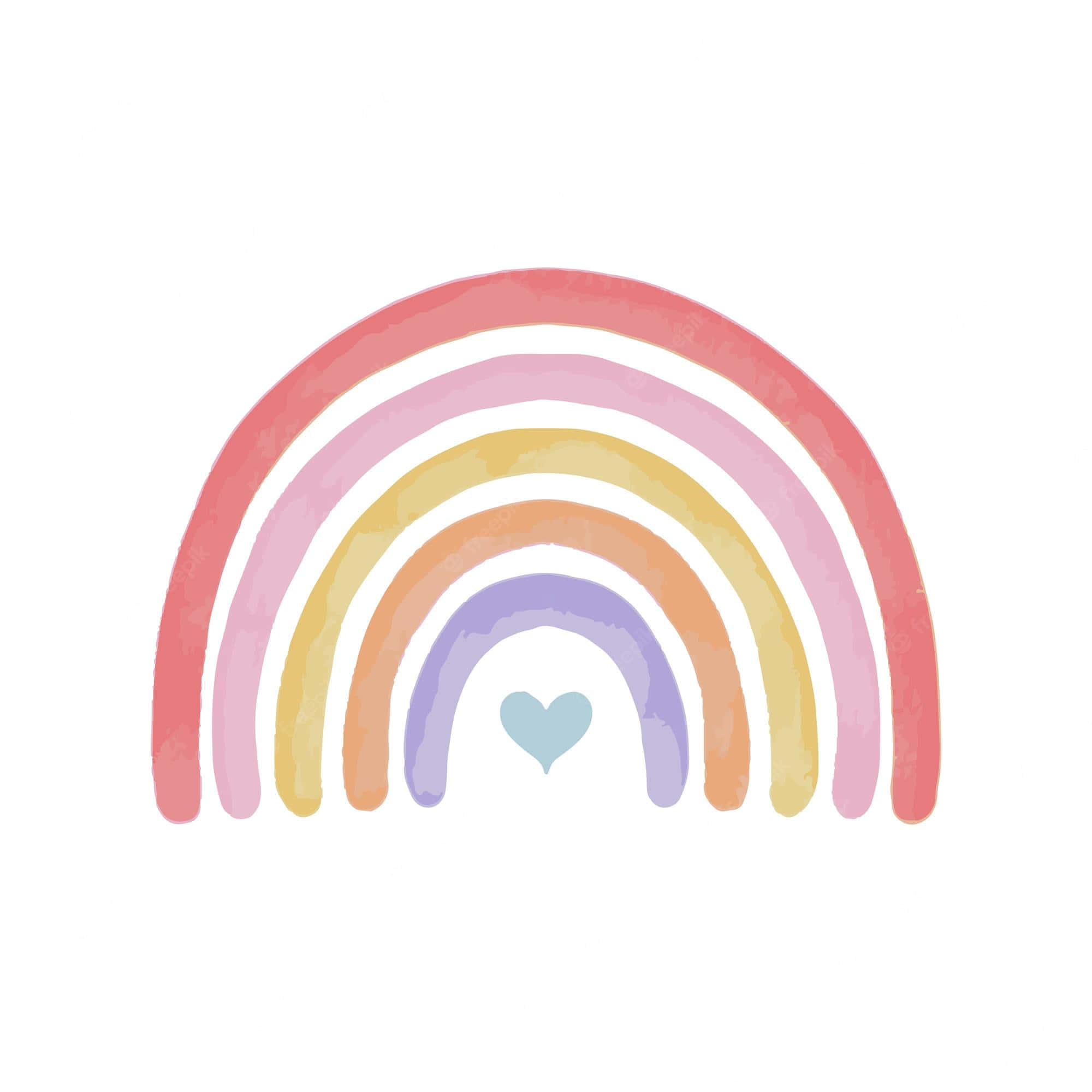 Cute Rainbow Pastel 桌布 壁紙 — 一道柔和的水彩彩虹拱起在淺藍色心形上方，背景為純白色。