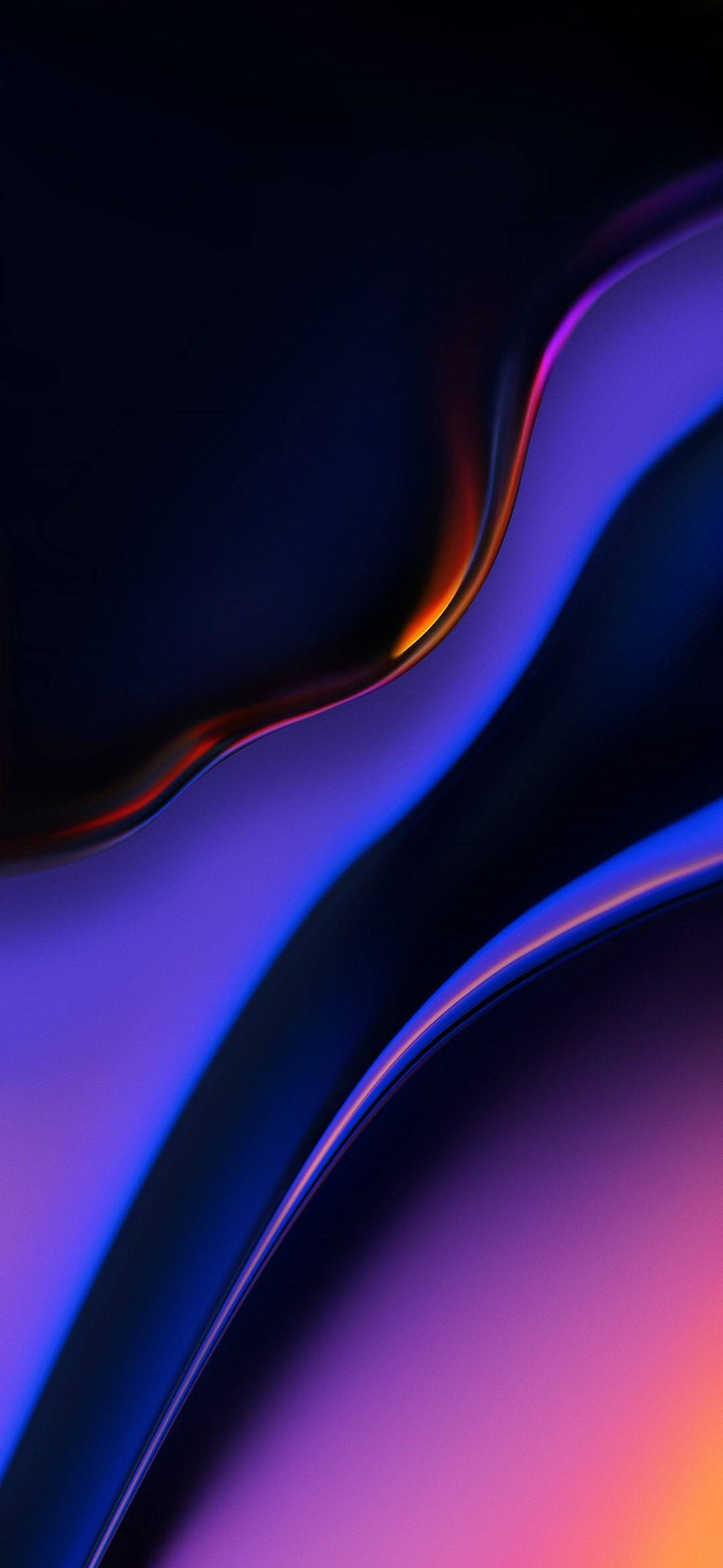 Samsung Mobile 桌布 壁紙 — 一道深藍與紫色的流暢抽象波浪，帶有發光的橙色亮點，在深色背景上流動。