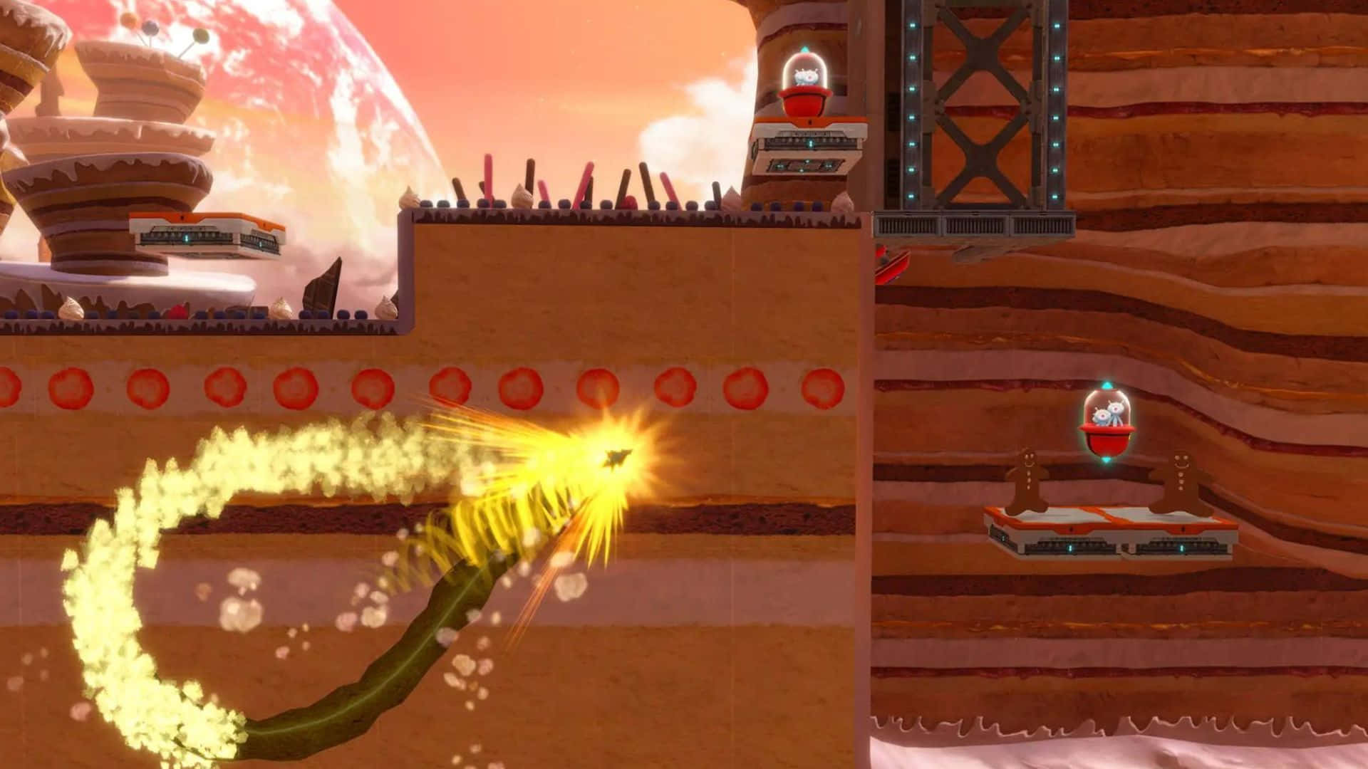 Sonic Planet Wisp 桌布 壁紙 — 一道火焰軌跡劃過沙漠峽谷關卡，角色疾馳而過浮動平台和發光球體。