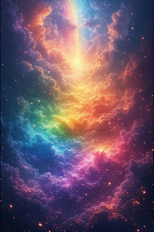 Magical Fantasy Rainbow Enchanted Ultra Realistic 4K 壁紙 — 一道燦爛的彩虹光束穿透充滿閃爍星光的漩渦宇宙雲層，背景是深邃的太空。