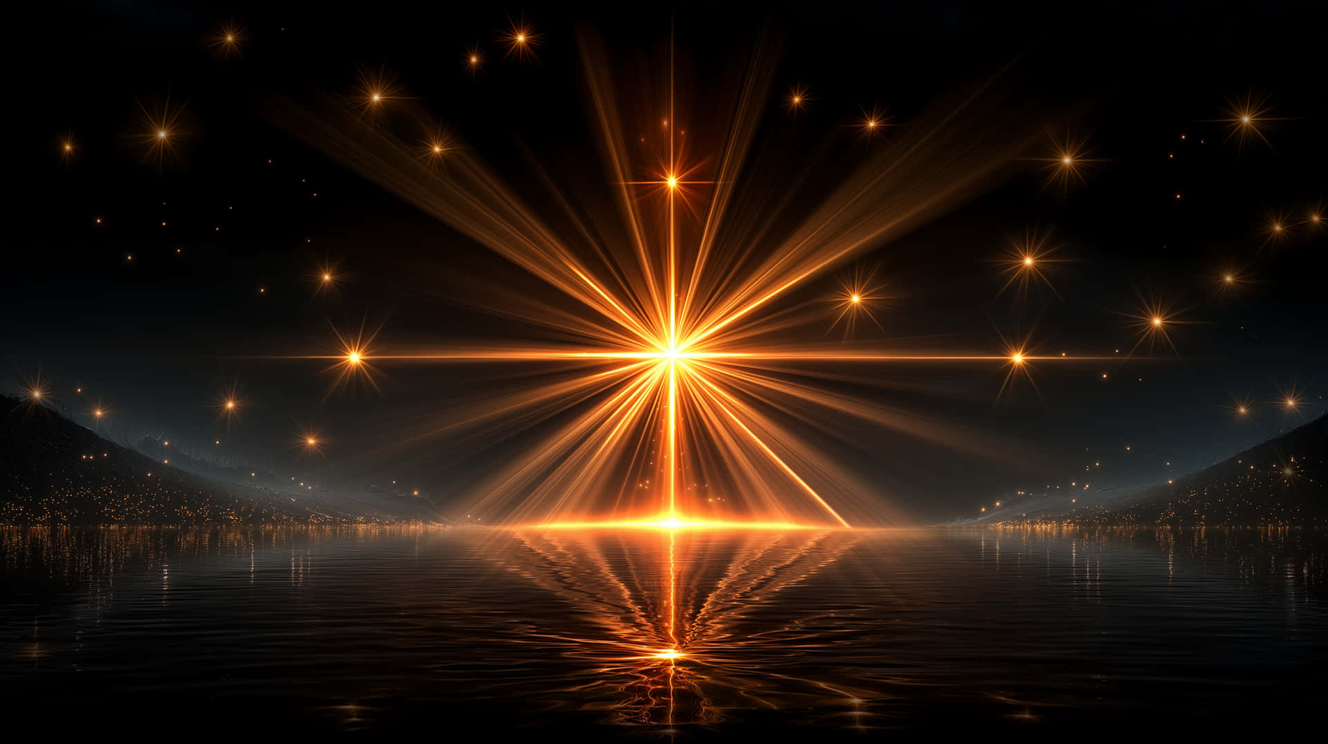 Starlit Reflection on Water with Golden Rays 壁紙 — 一道燦爛的金色星爆從平靜的湖面在夜間爆發，在水面上投射出閃爍的倒影，遠處有山丘和散落的星星。