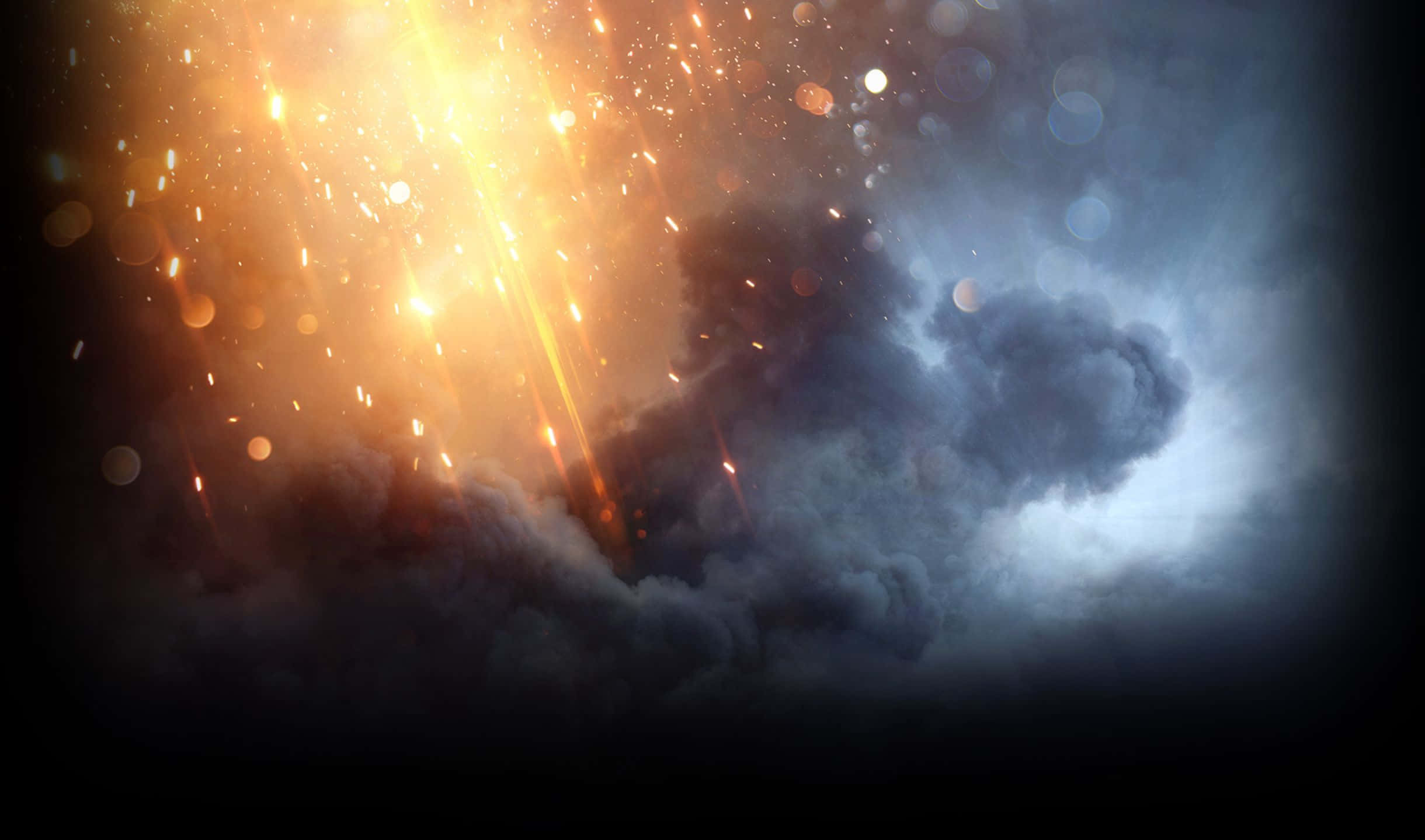 2440x1440 Battlefield 1 桌布 壁紙 — 一道燦爛的金色陽光穿透黑暗的暴風雲，散發出熾熱的火花和發光的散景燈光。