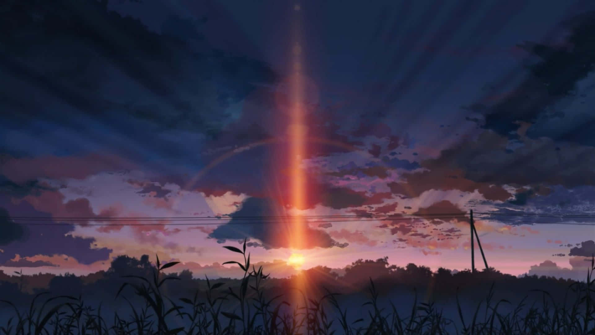 動畫風景 桌布 壁紙 — 一道燦爛的陽光穿透暮色天空，映照在剪影般的鄉村景觀上，有高高的草和電線。