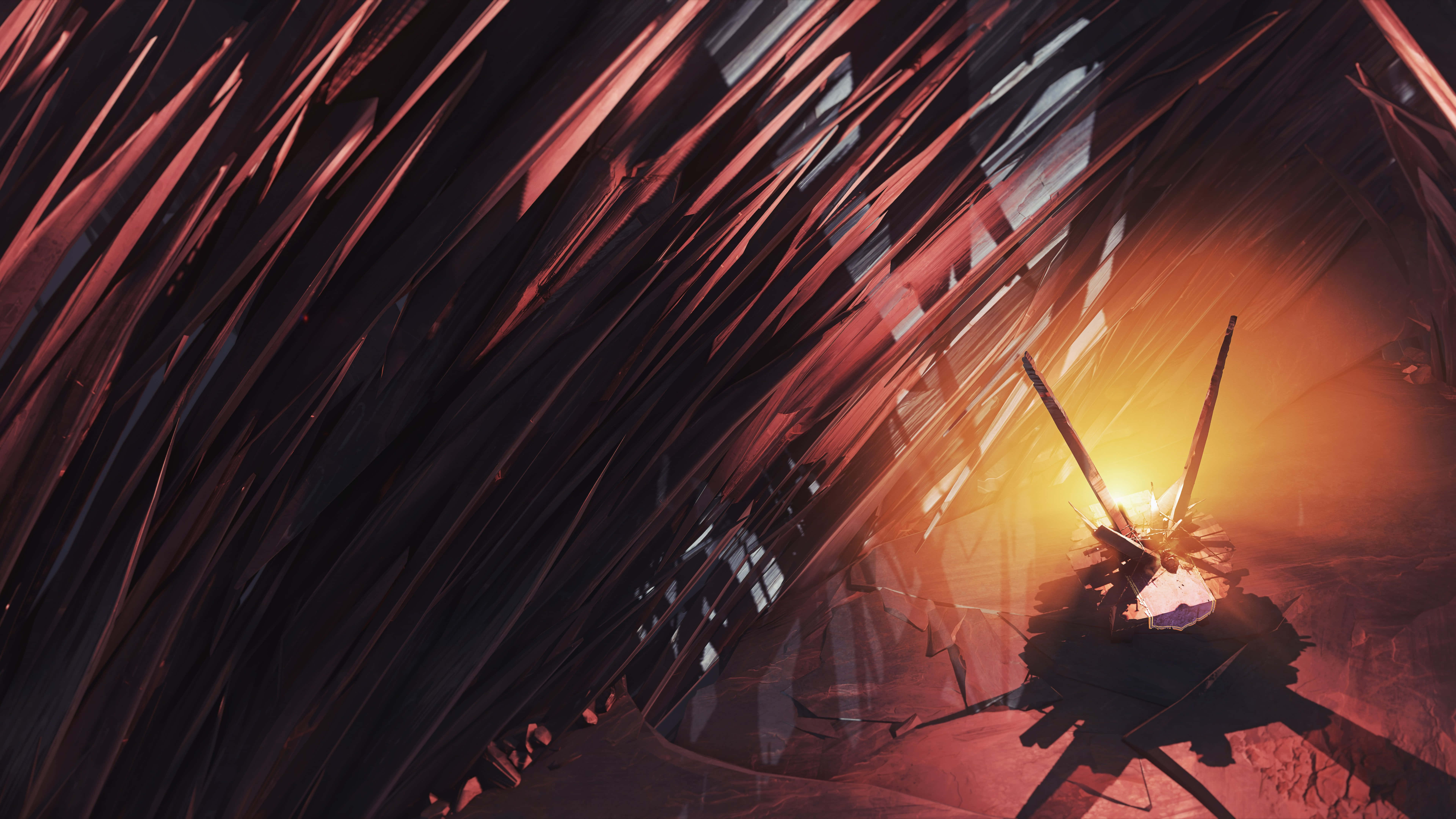 Dishonored 4K 桌布 壁紙 — 一道燦爛的陽光穿透破碎的玻璃天花板，將溫暖的光線投射在參差不齊的紅色和黑色碎片上。