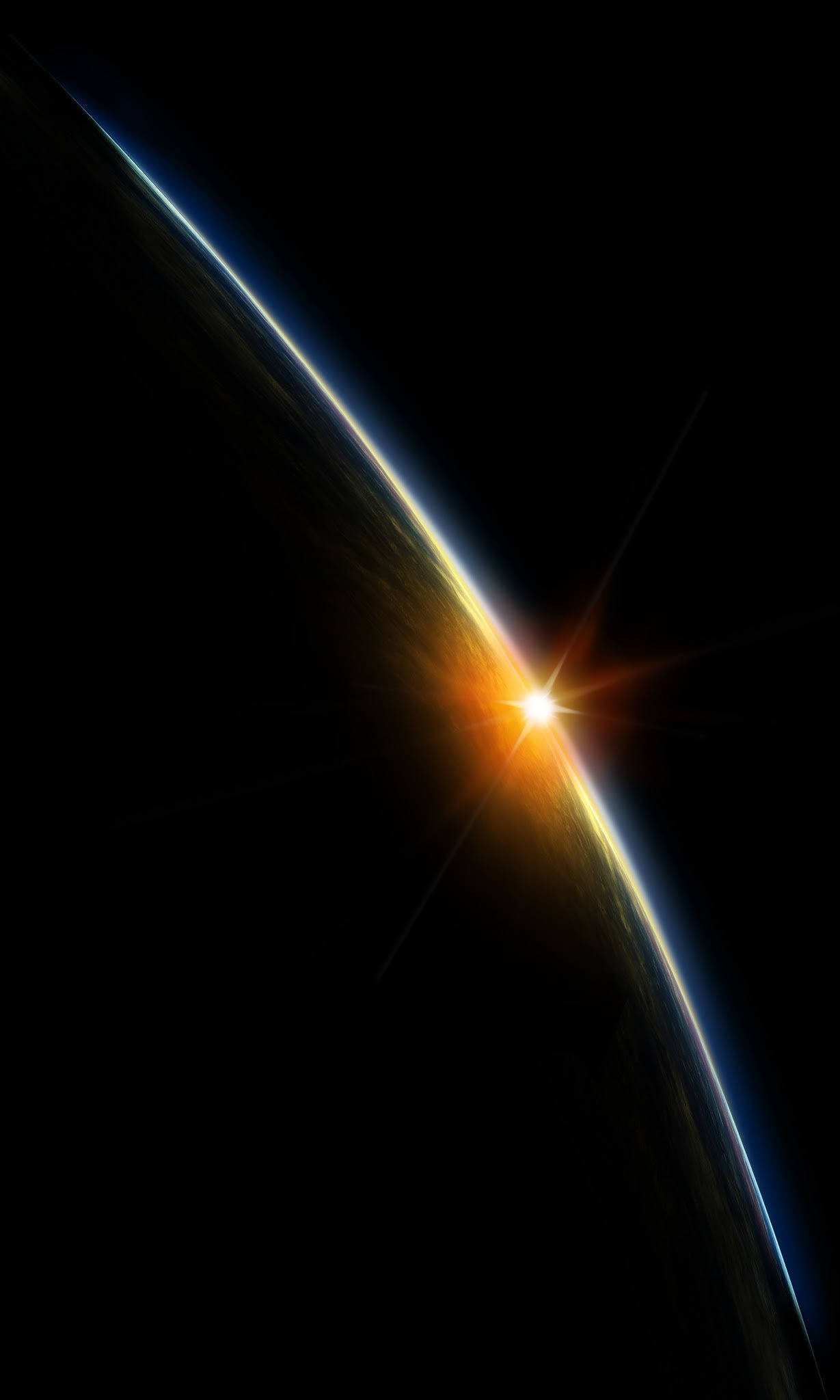 OLED 桌布 壁紙 — 一道燦爛的陽光穿透行星的彎曲地平線，在虛空中投射出閃耀的金色和藍色大氣邊緣。