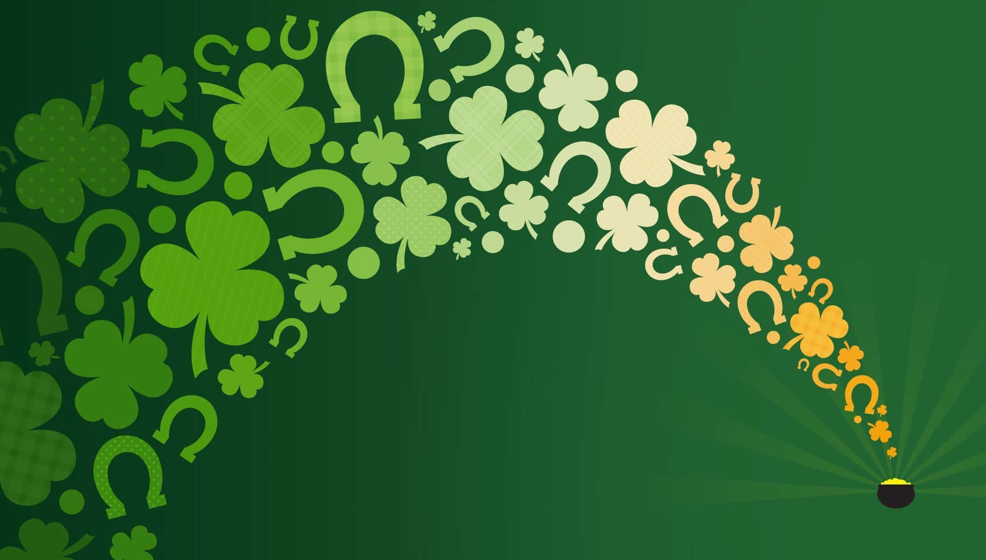 Saint Patricks Day 桌布 壁紙 — 一道由三葉草和馬蹄鐵組成的充滿活力的綠色拱門，從一個發光的金鍋中流出，背景是漸變綠色。